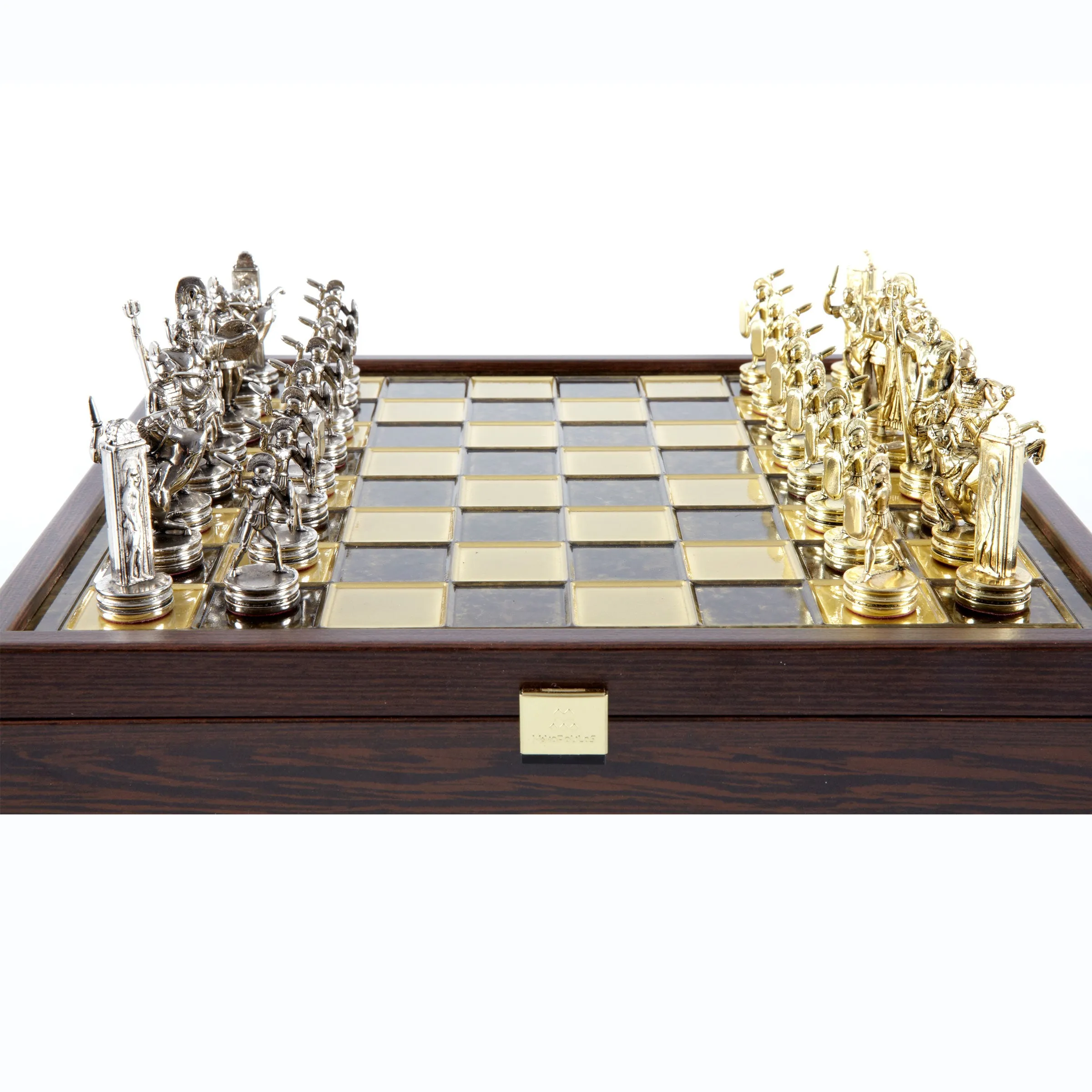 Handcrafted Greek Mythology Chess Set in Wooden Case – Gold & Silver Chessmen (Medium)