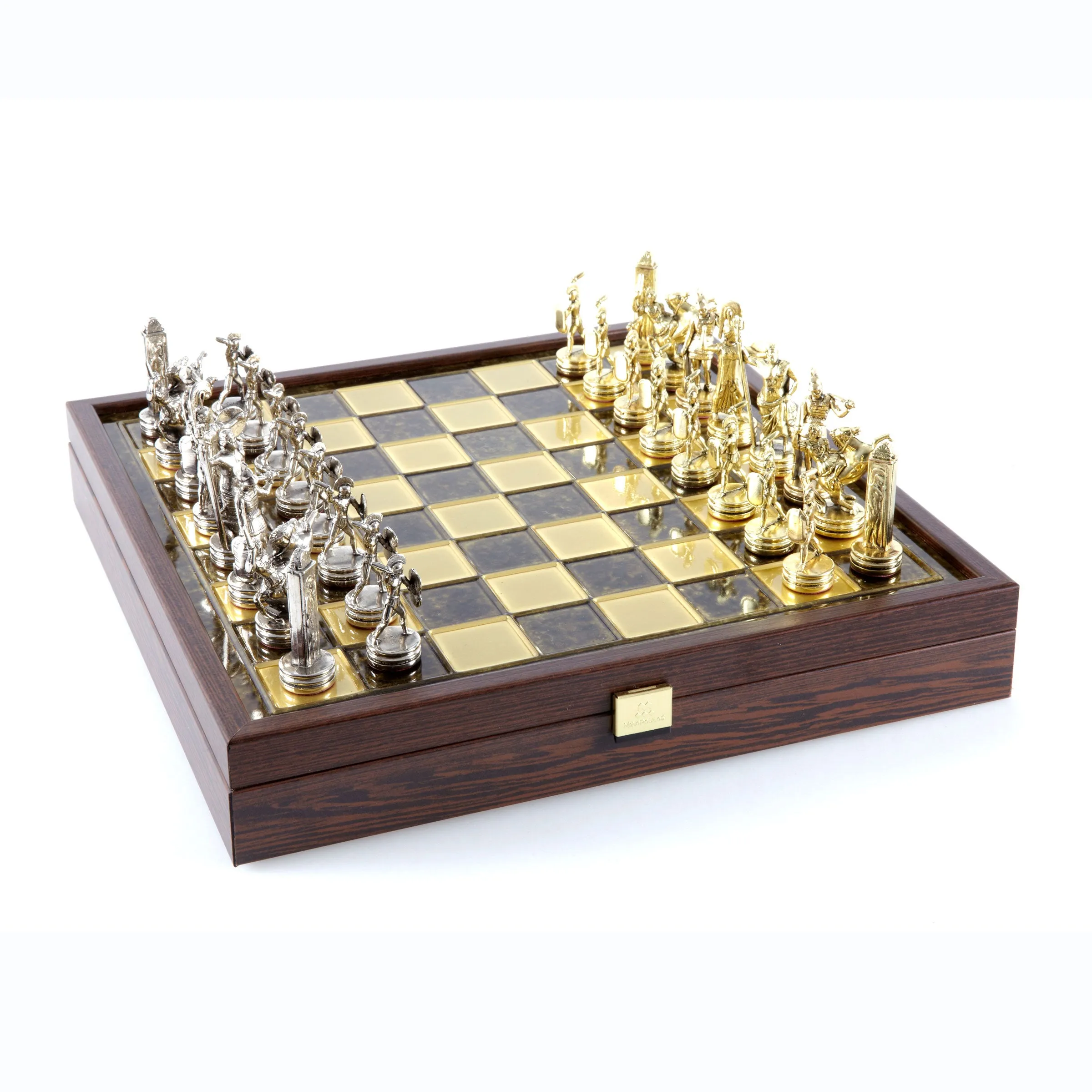 Handcrafted Greek Mythology Chess Set in Wooden Case – Gold & Silver Chessmen (Medium)