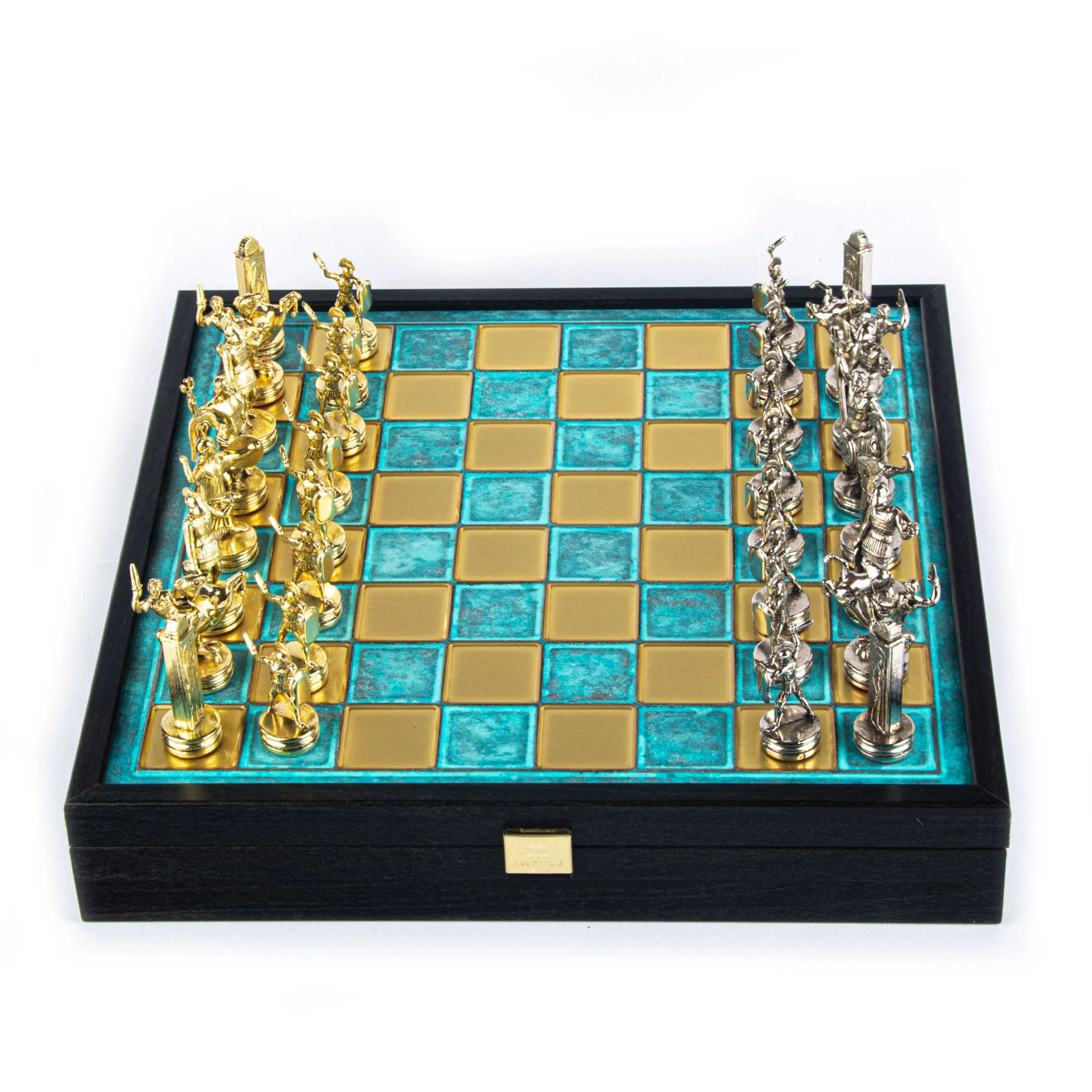 Handcrafted Greek Mythology Chess Set in Wooden Case – Gold & Silver Chessmen (Medium)