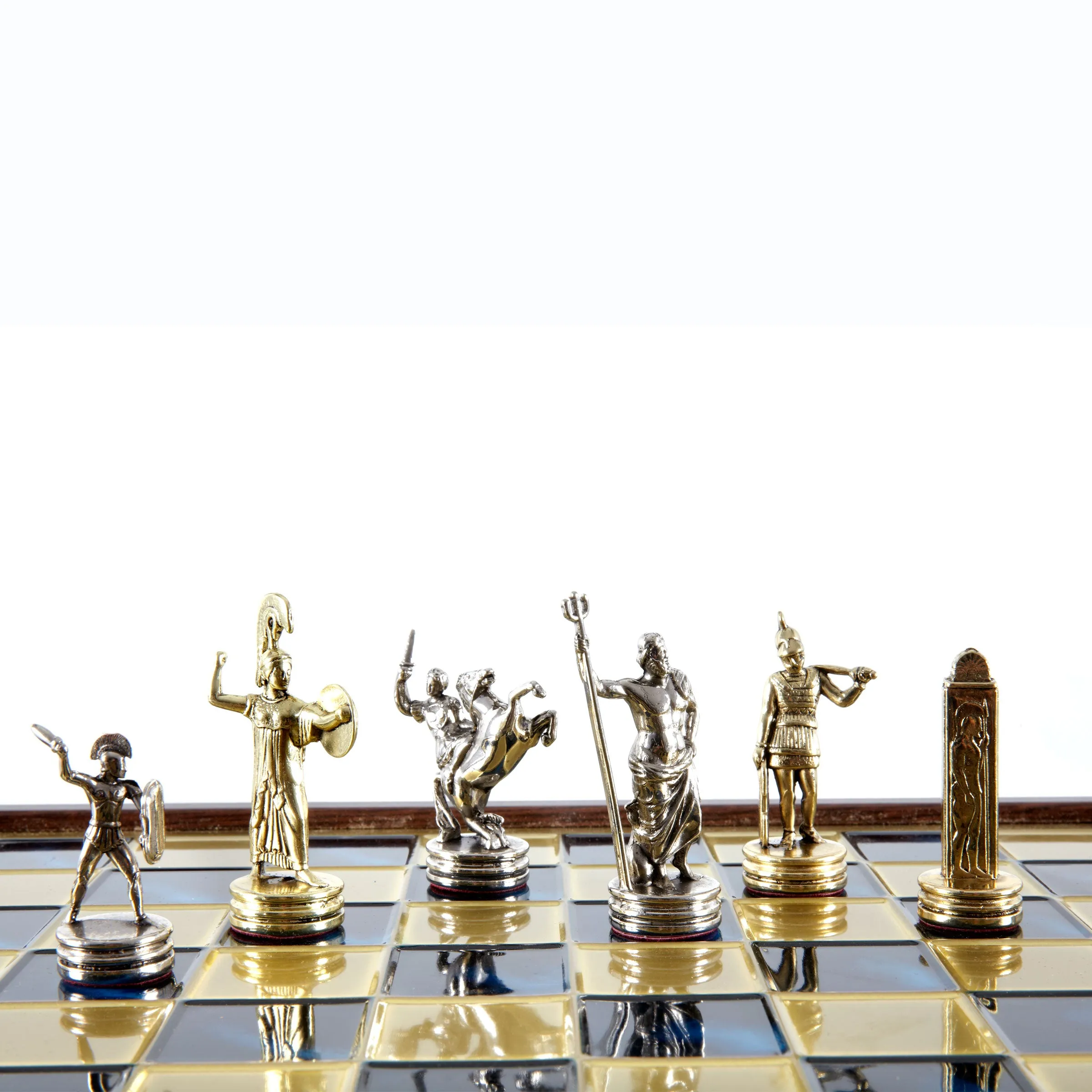 Handcrafted Greek Mythology Chess Set in Wooden Case – Gold & Silver Chessmen (Medium)