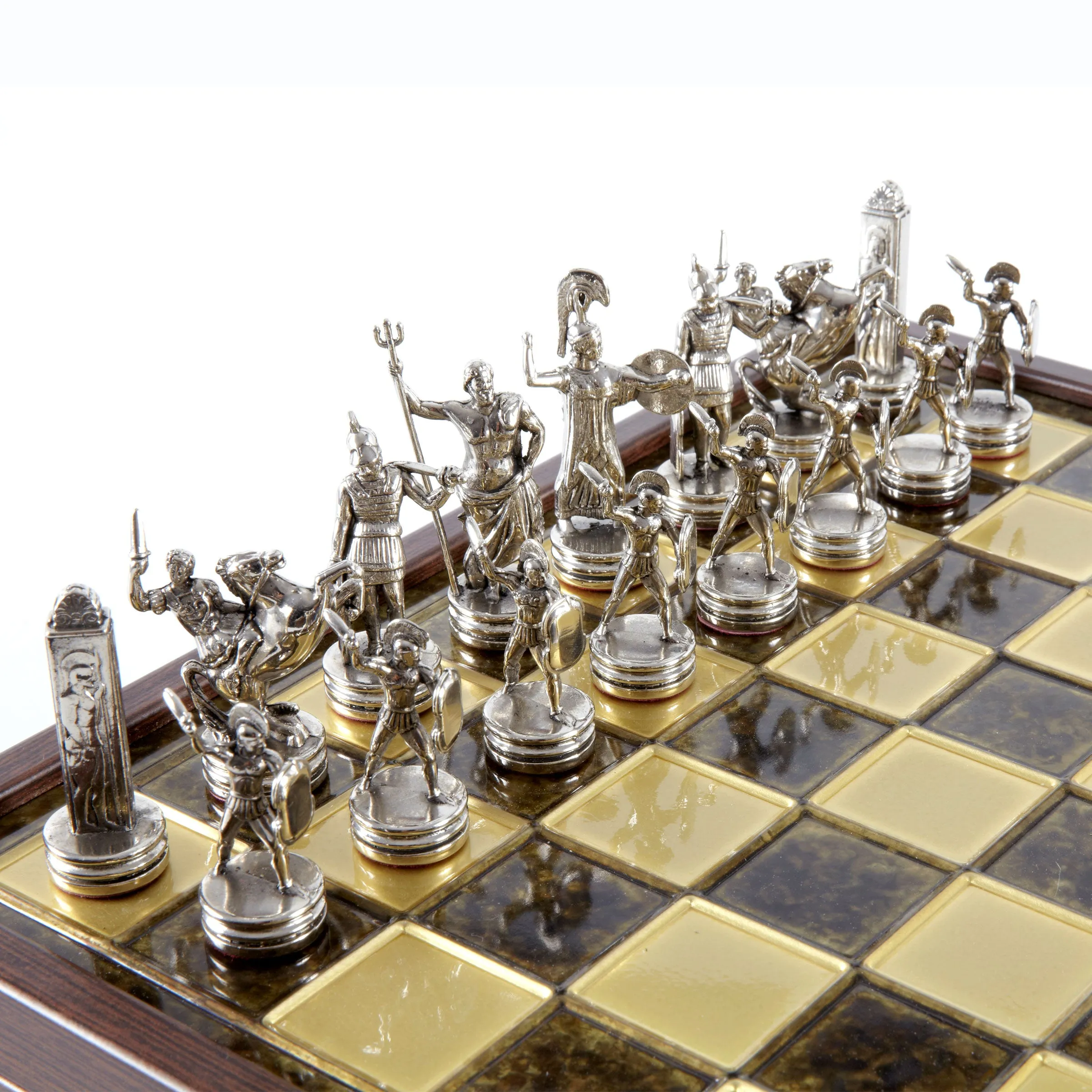 Handcrafted Greek Mythology Chess Set in Wooden Case – Gold & Silver Chessmen (Medium)