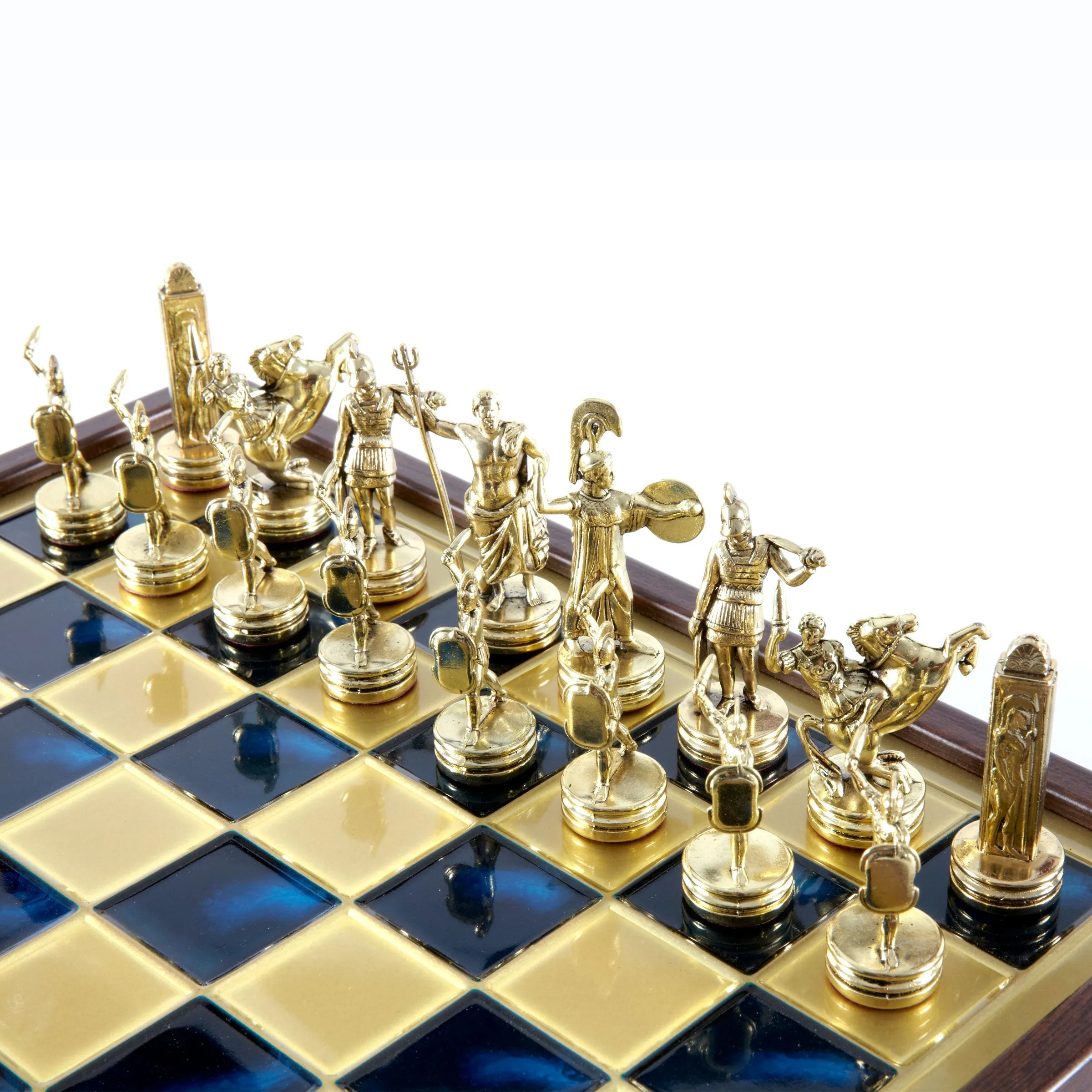 Handcrafted Greek Mythology Chess Set in Wooden Case – Gold & Silver Chessmen (Medium)