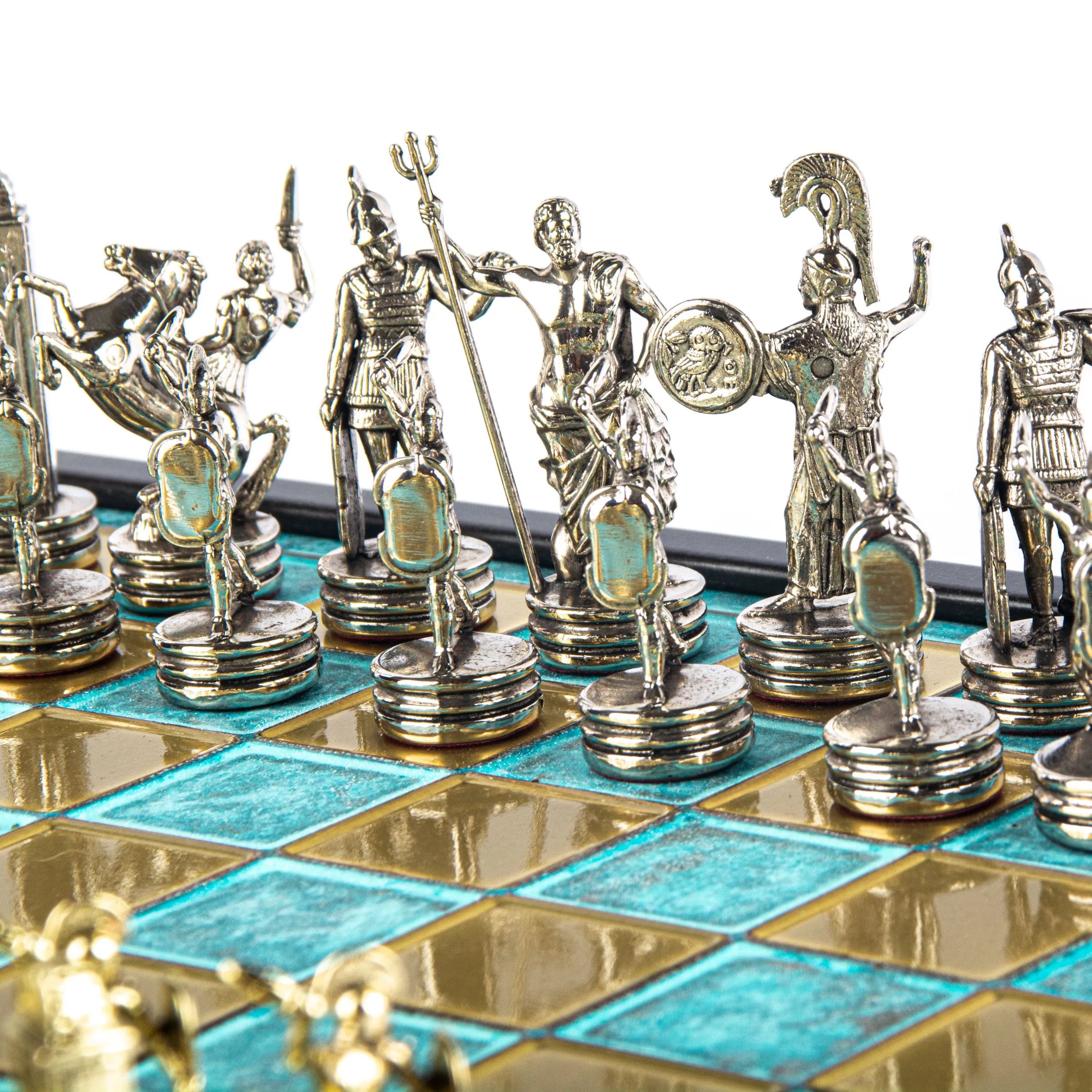 Handcrafted Greek Mythology Chess Set in Wooden Case – Gold & Silver Chessmen (Medium)