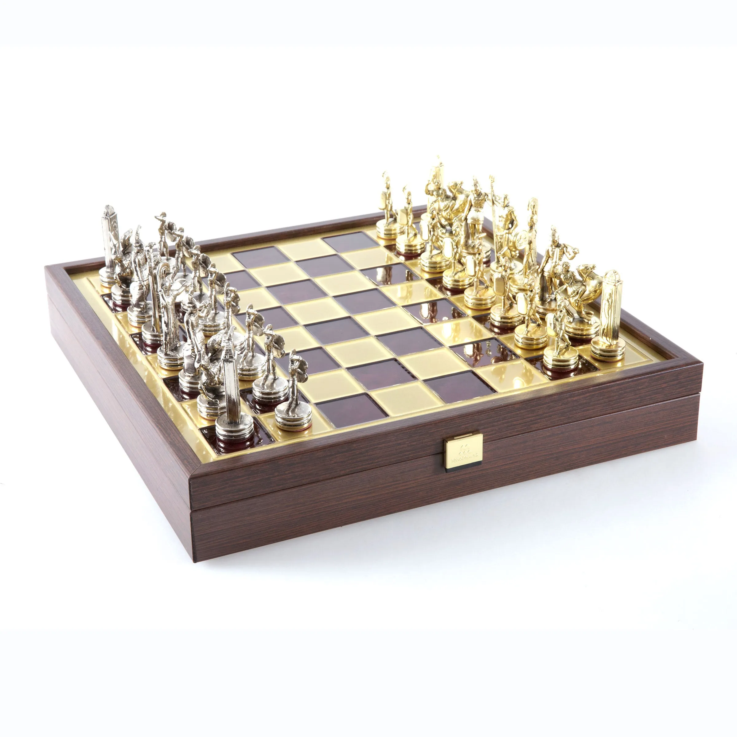 Handcrafted Greek Mythology Chess Set in Wooden Case – Gold & Silver Chessmen (Medium)