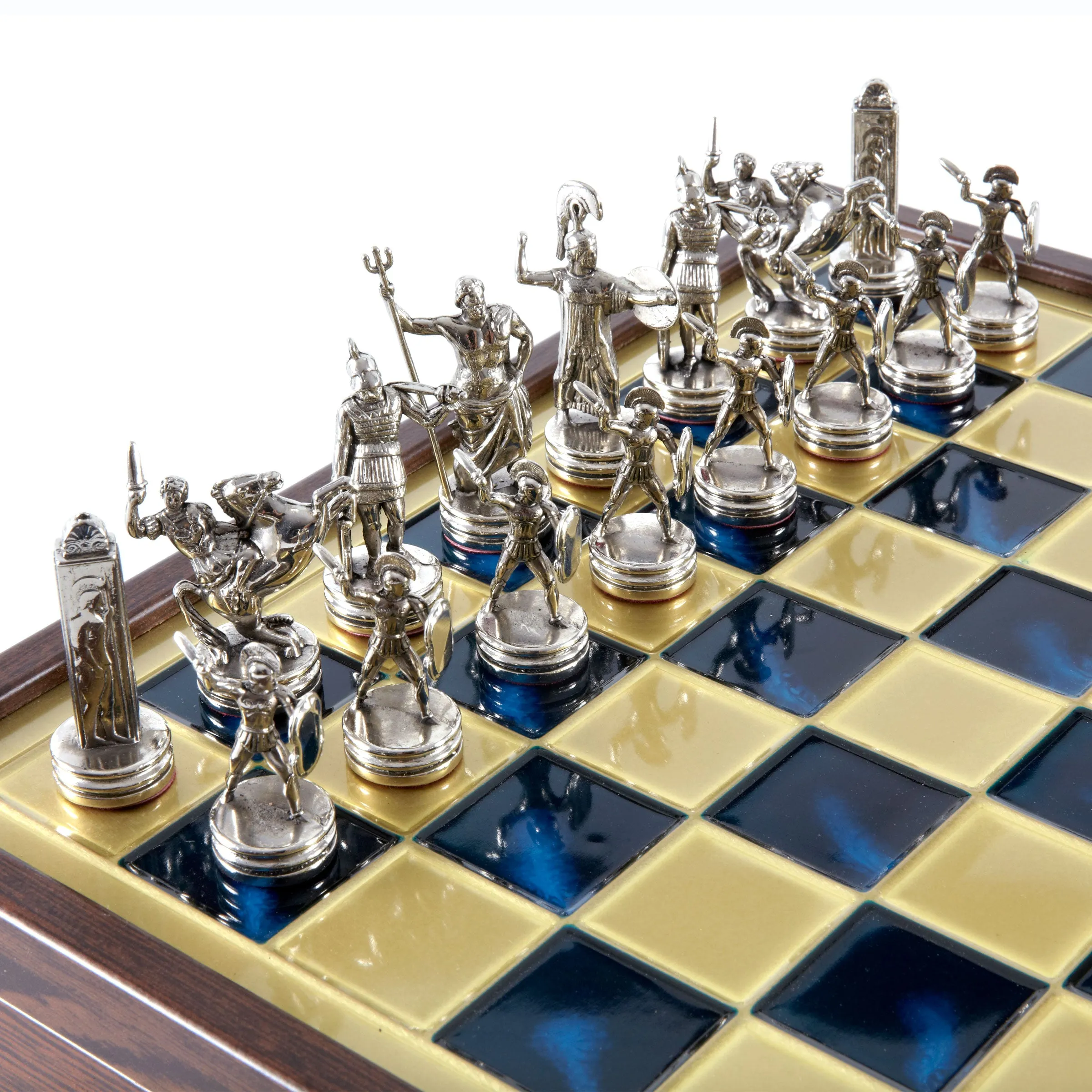 Handcrafted Greek Mythology Chess Set in Wooden Case – Gold & Silver Chessmen (Medium)