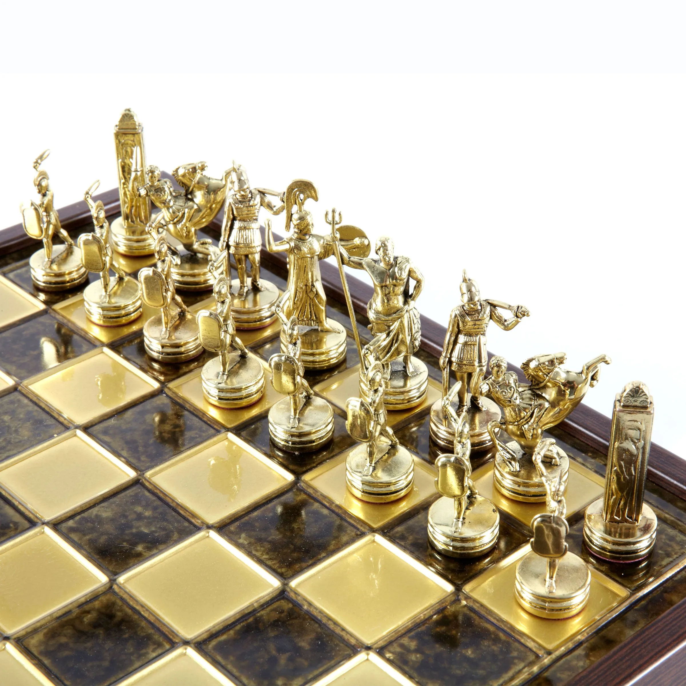 Handcrafted Greek Mythology Chess Set in Wooden Case – Gold & Silver Chessmen (Medium)