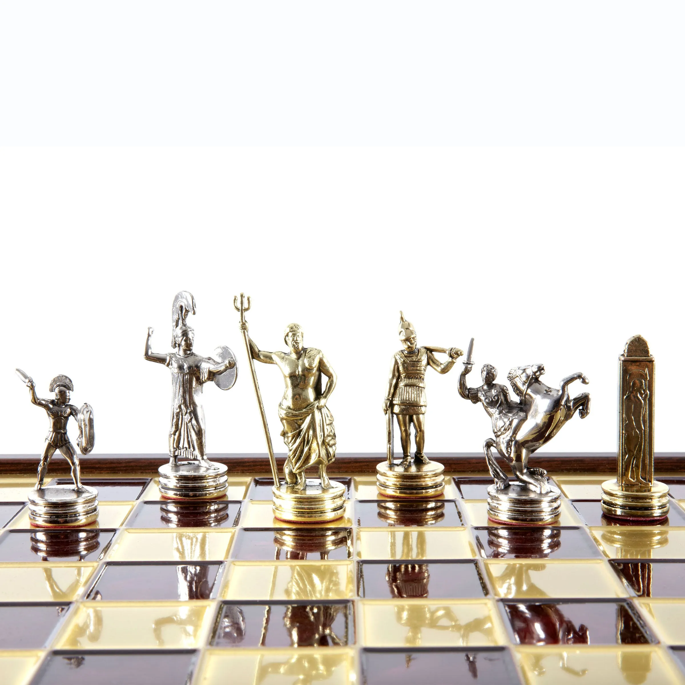 Handcrafted Greek Mythology Chess Set in Wooden Case – Gold & Silver Chessmen (Medium)
