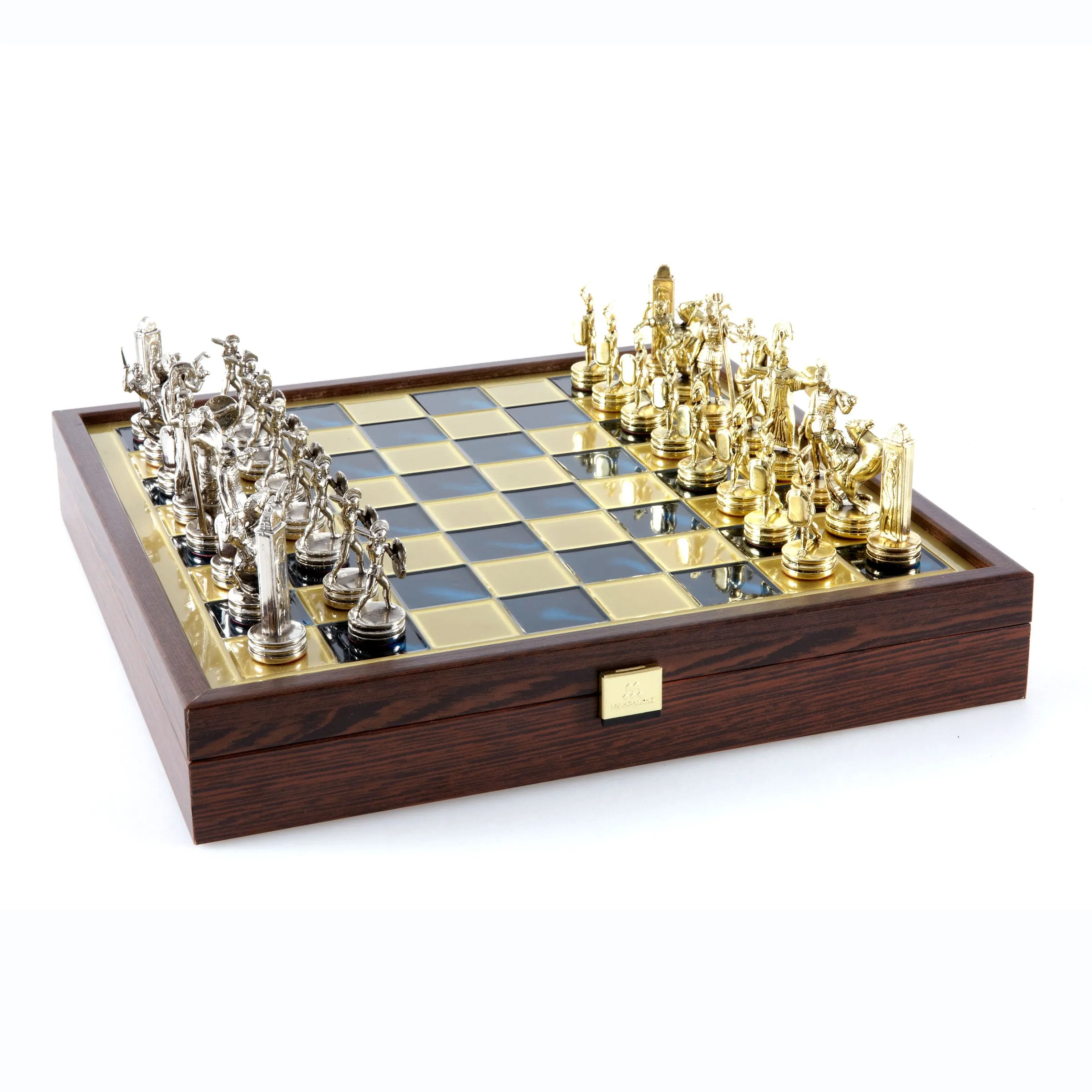 Handcrafted Greek Mythology Chess Set in Wooden Case – Gold & Silver Chessmen (Medium)