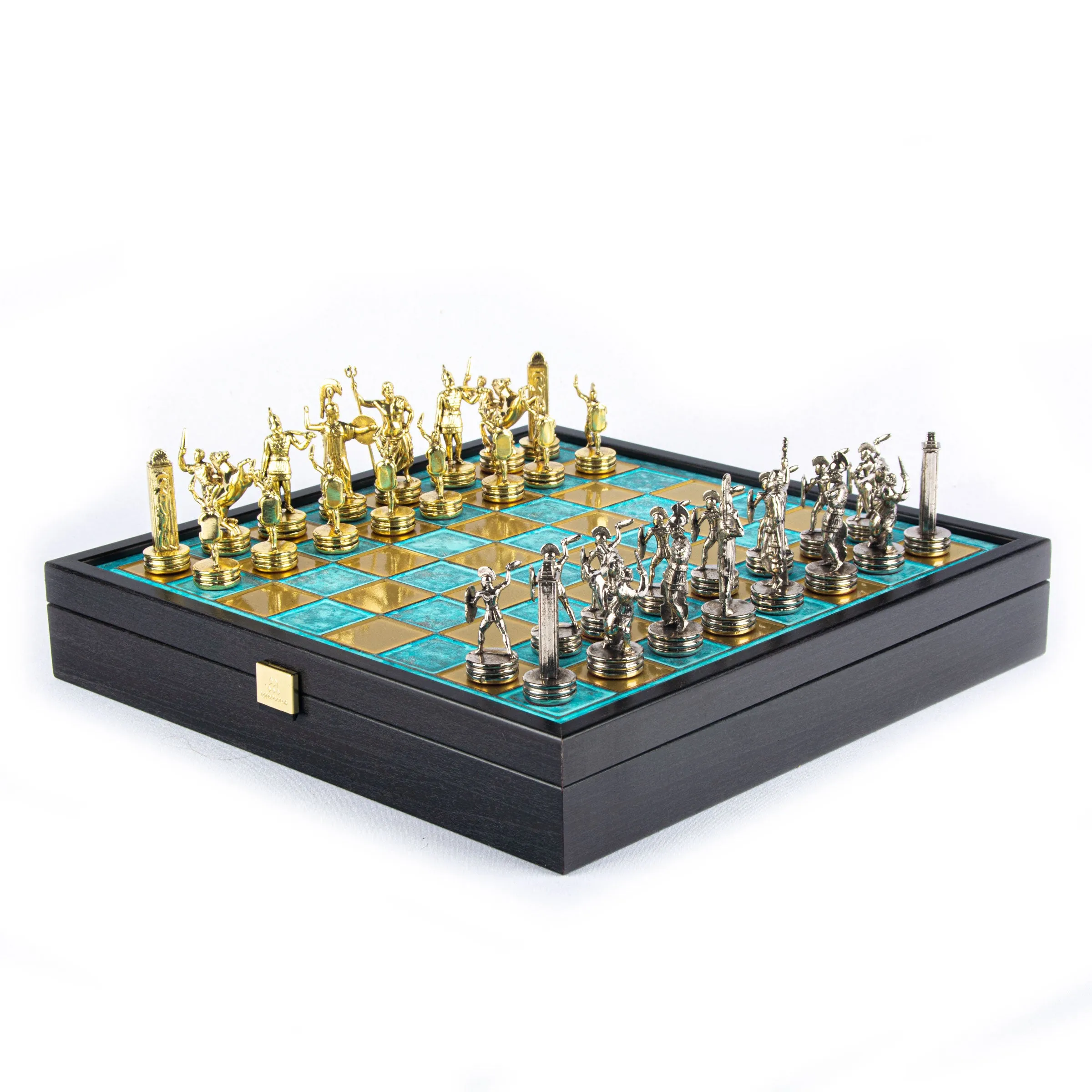 Handcrafted Greek Mythology Chess Set in Wooden Case – Gold & Silver Chessmen (Medium)