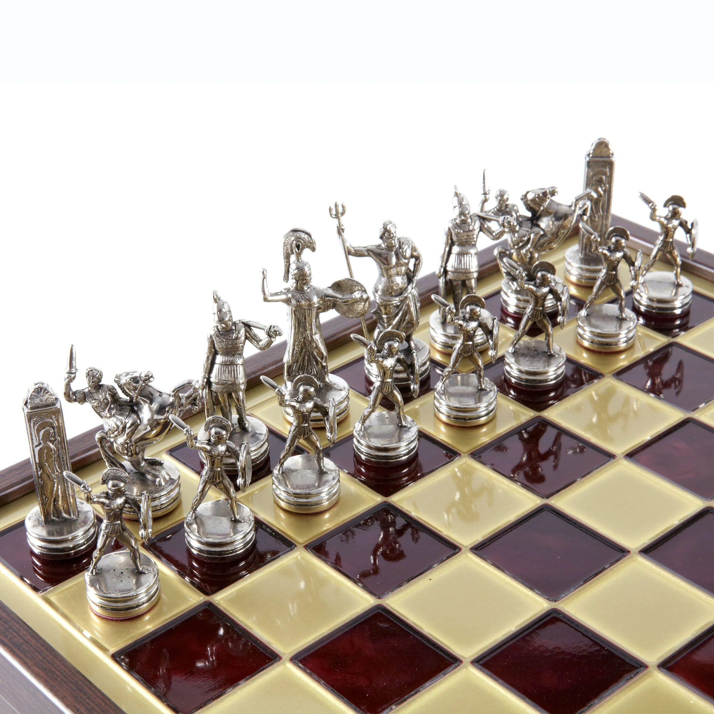 Handcrafted Greek Mythology Chess Set in Wooden Case – Gold & Silver Chessmen (Medium)