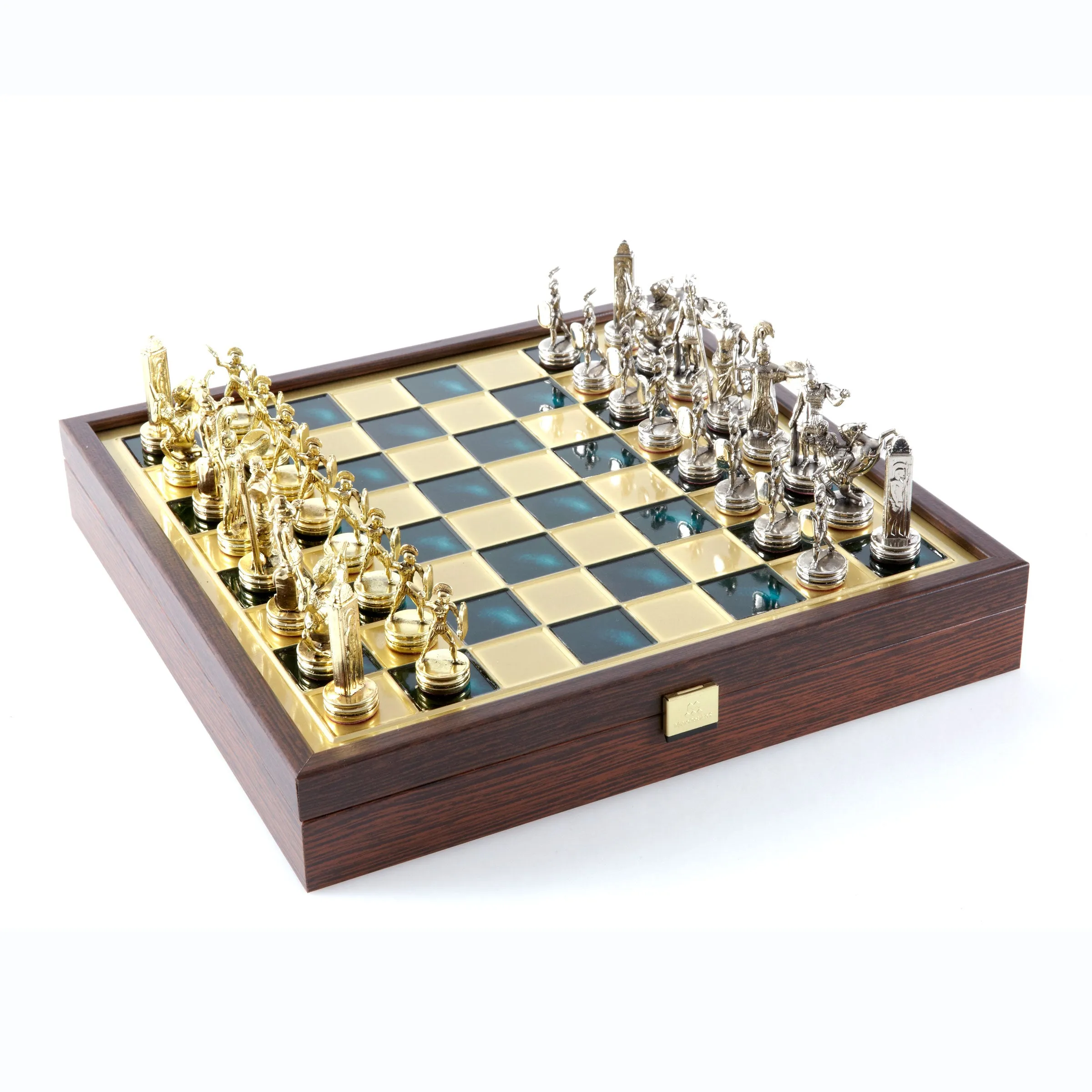 Handcrafted Greek Mythology Chess Set in Wooden Case – Gold & Silver Chessmen (Medium)