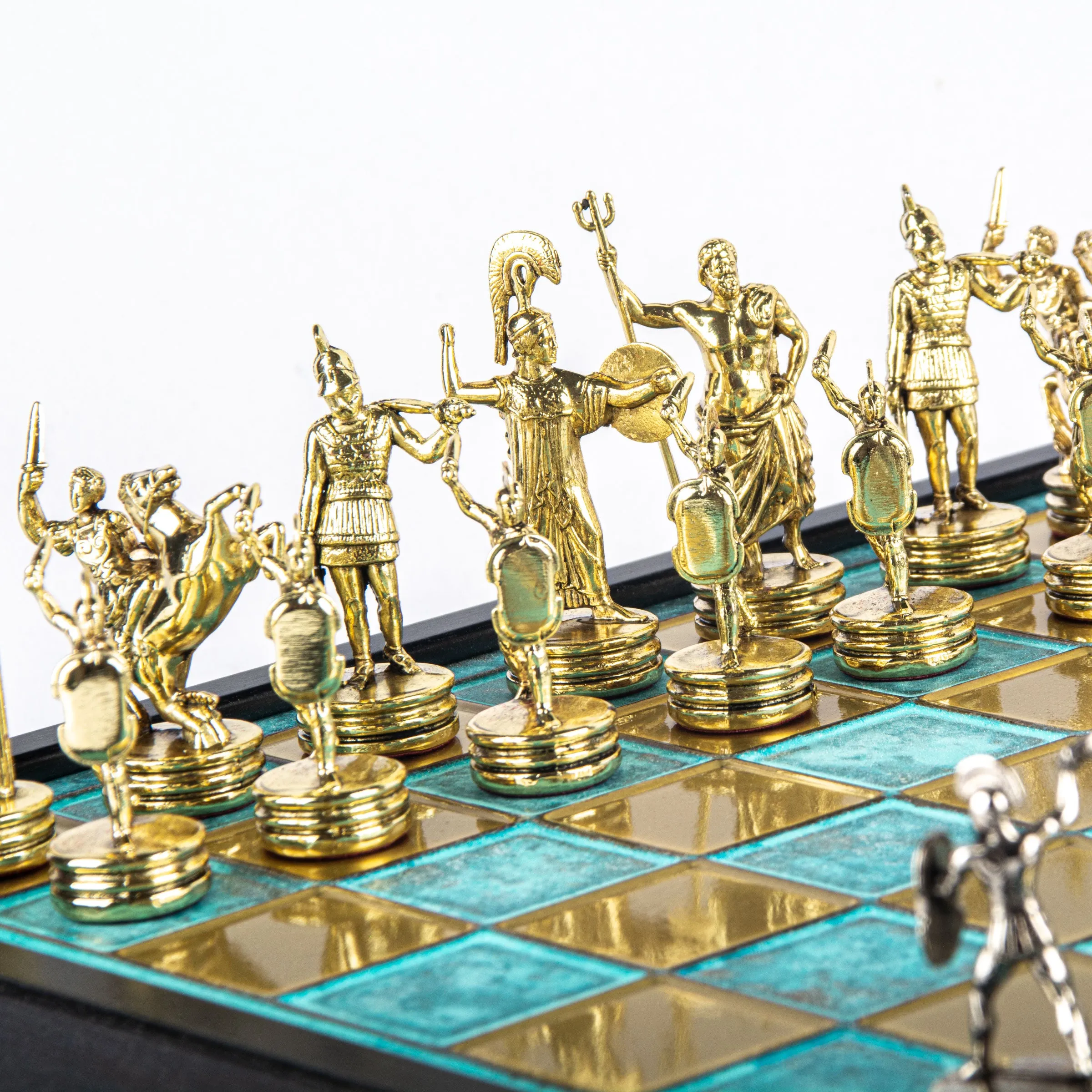 Handcrafted Greek Mythology Chess Set in Wooden Case – Gold & Silver Chessmen (Medium)