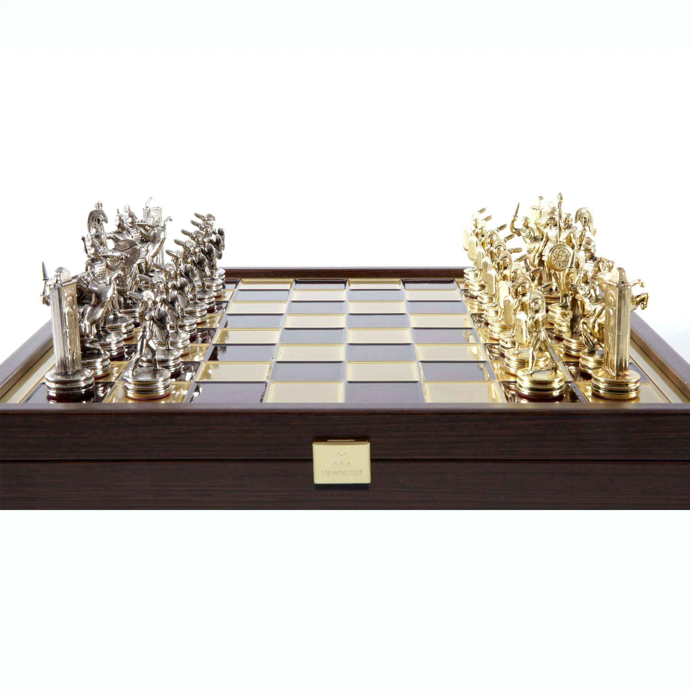 Handcrafted Greek Mythology Chess Set in Wooden Case – Gold & Silver Chessmen (Medium)