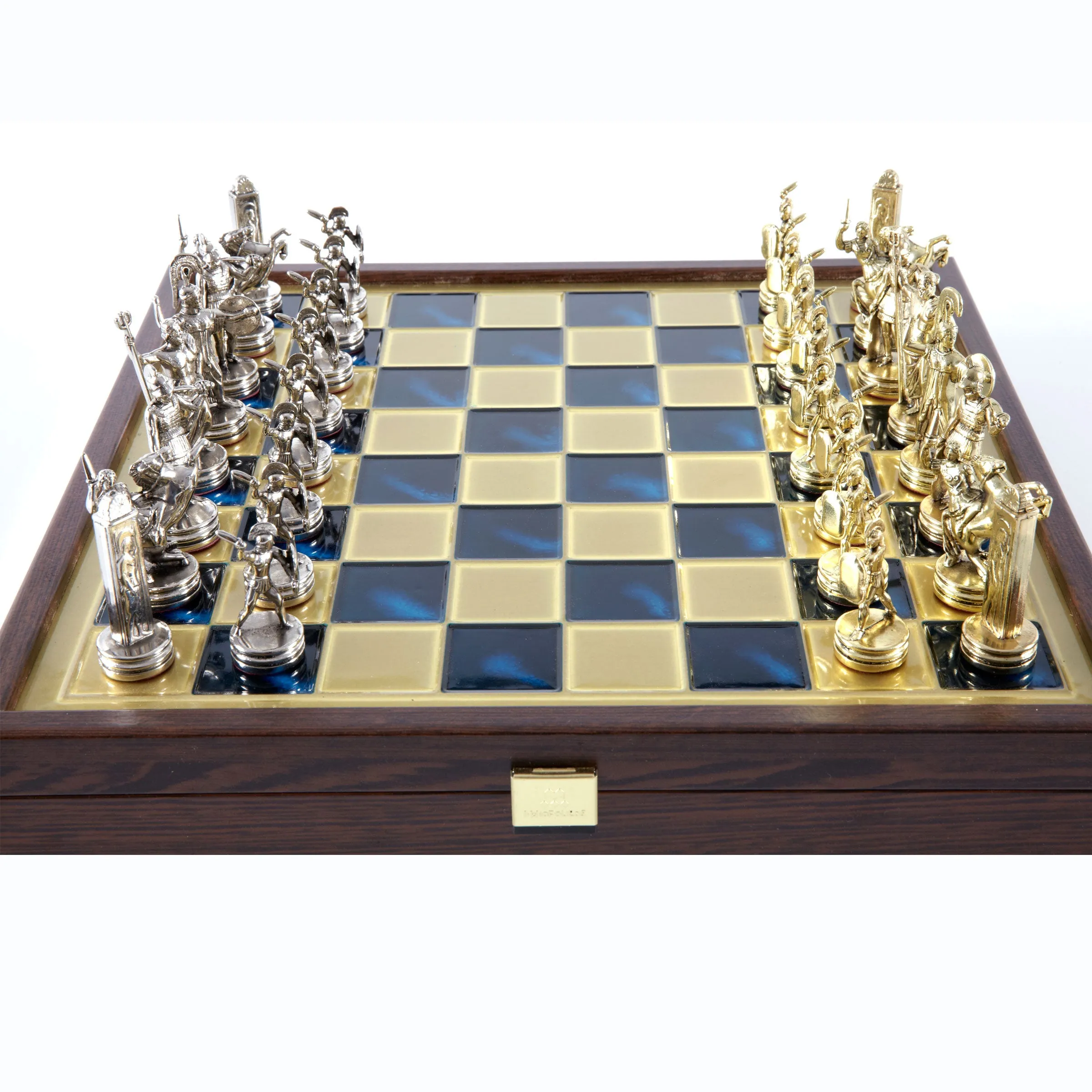 Handcrafted Greek Mythology Chess Set in Wooden Case – Gold & Silver Chessmen (Medium)