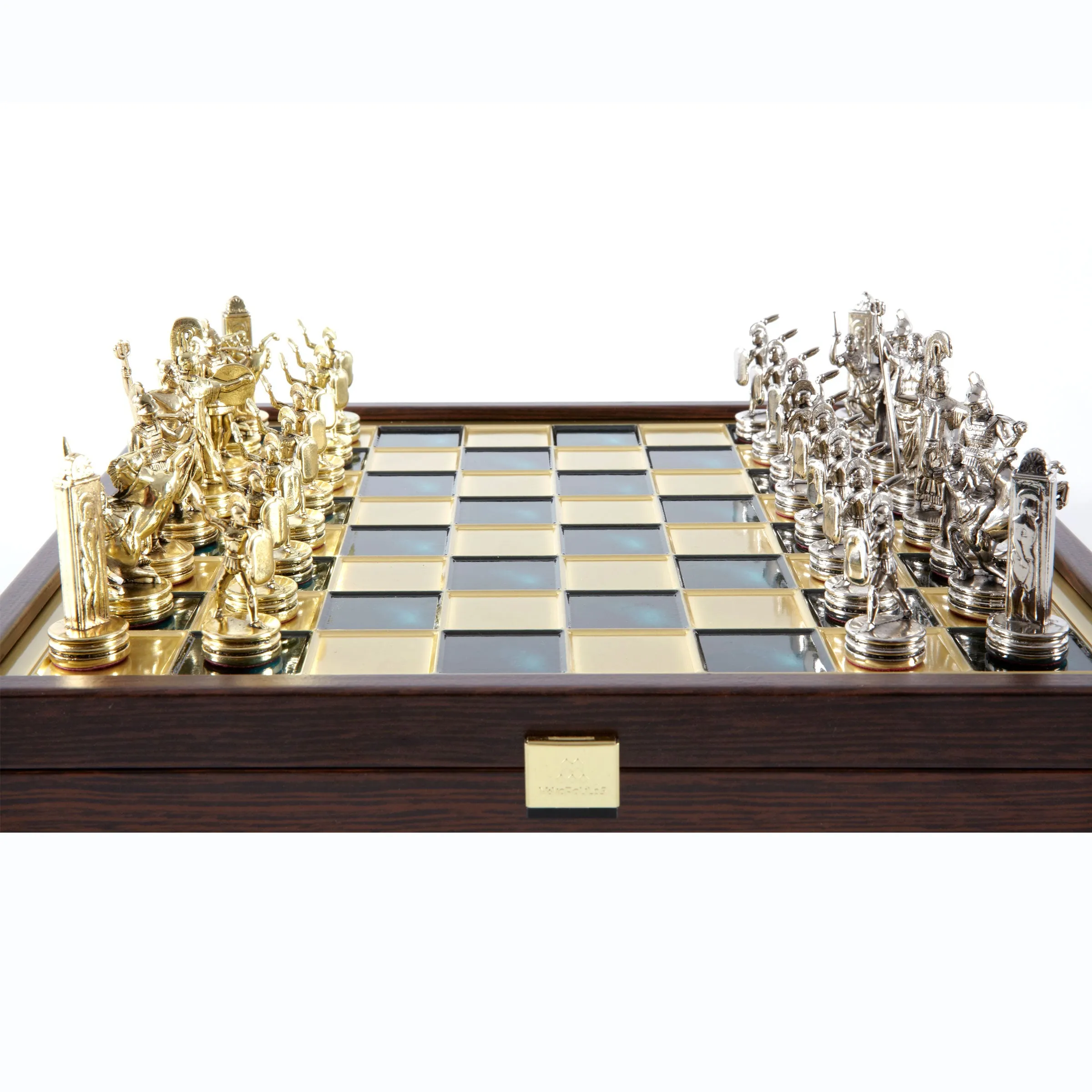 Handcrafted Greek Mythology Chess Set in Wooden Case – Gold & Silver Chessmen (Medium)