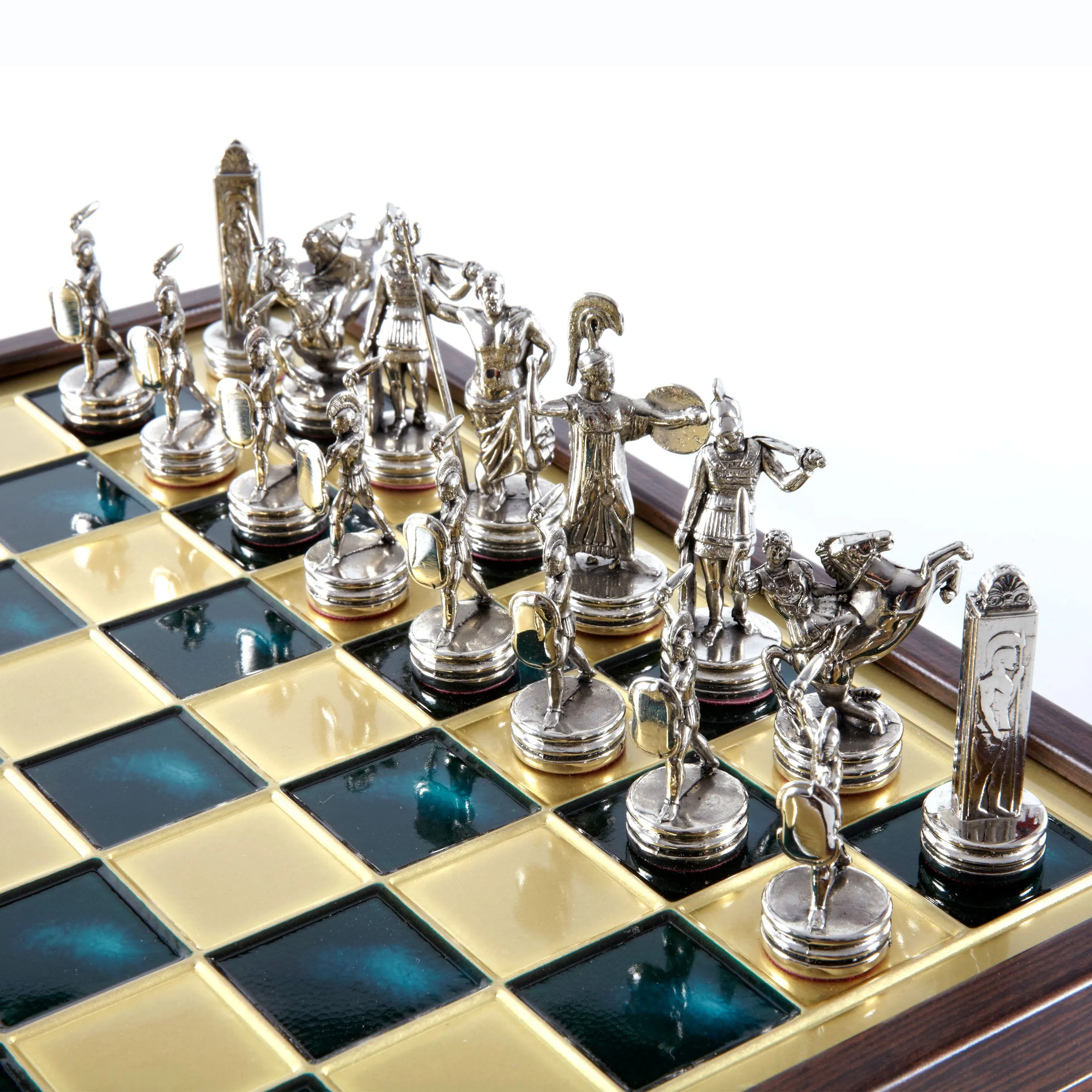 Handcrafted Greek Mythology Chess Set in Wooden Case – Gold & Silver Chessmen (Medium)