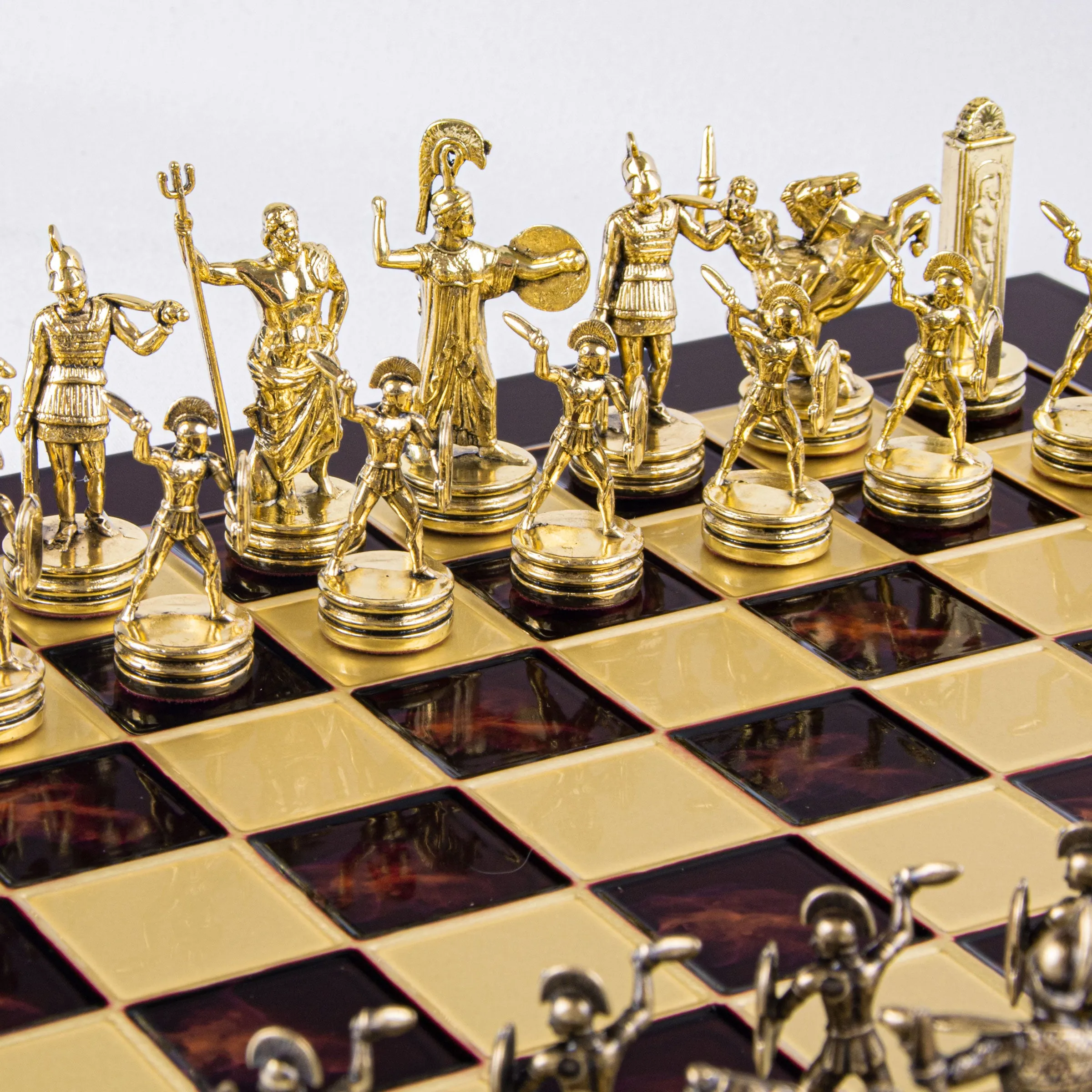 Handcrafted Greek Mythology Chess Set with Gold & Brown Chessmen (Medium)