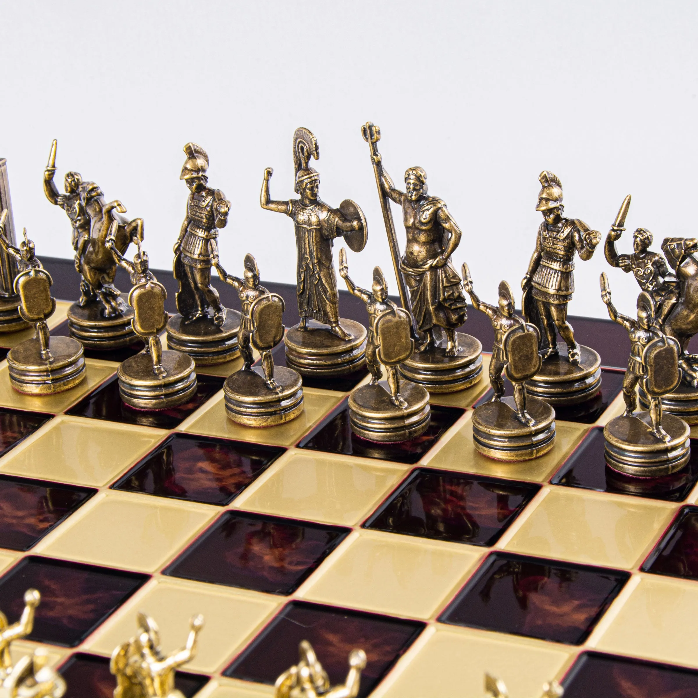 Handcrafted Greek Mythology Chess Set with Gold & Brown Chessmen (Medium)