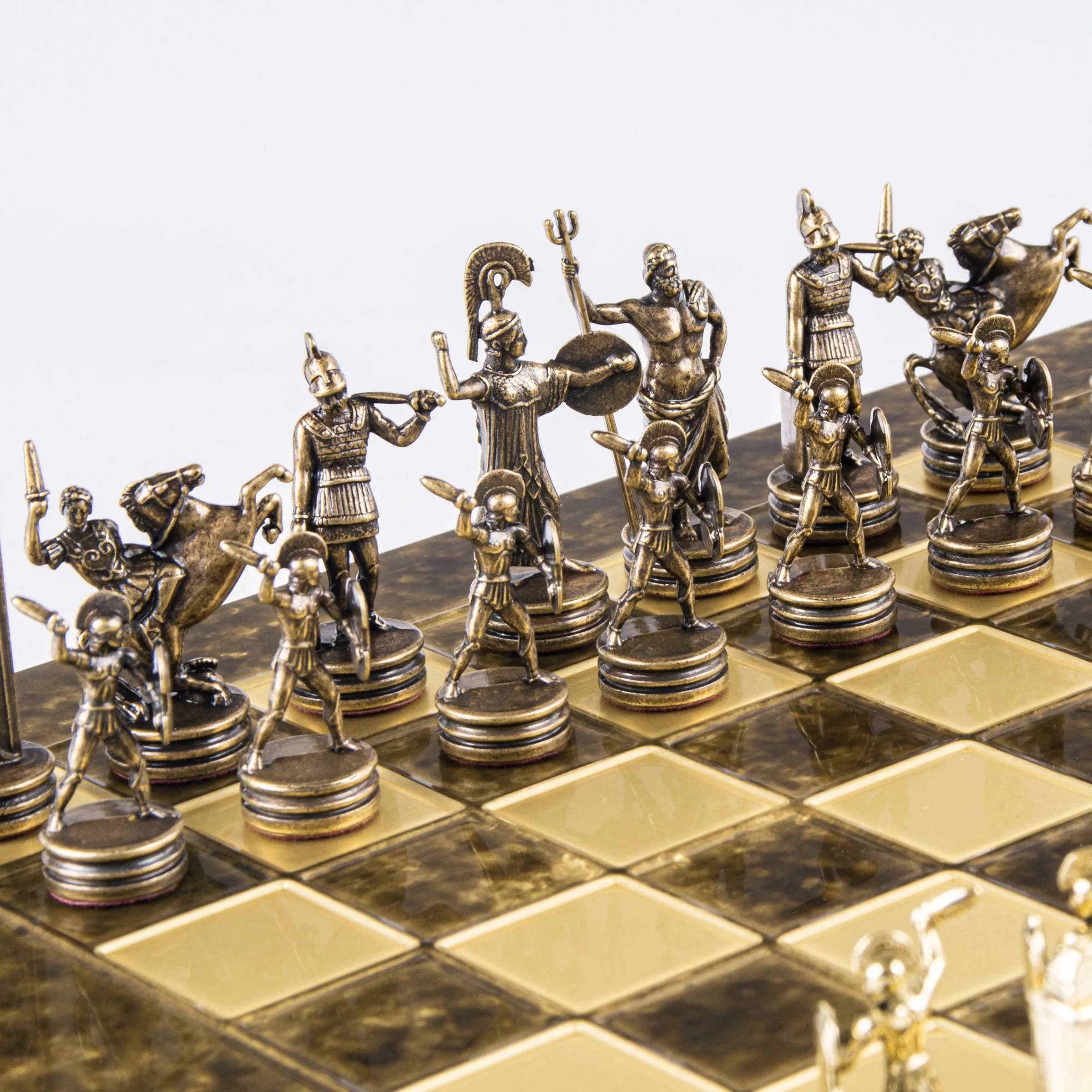 Handcrafted Greek Mythology Chess Set with Gold & Brown Chessmen (Medium)