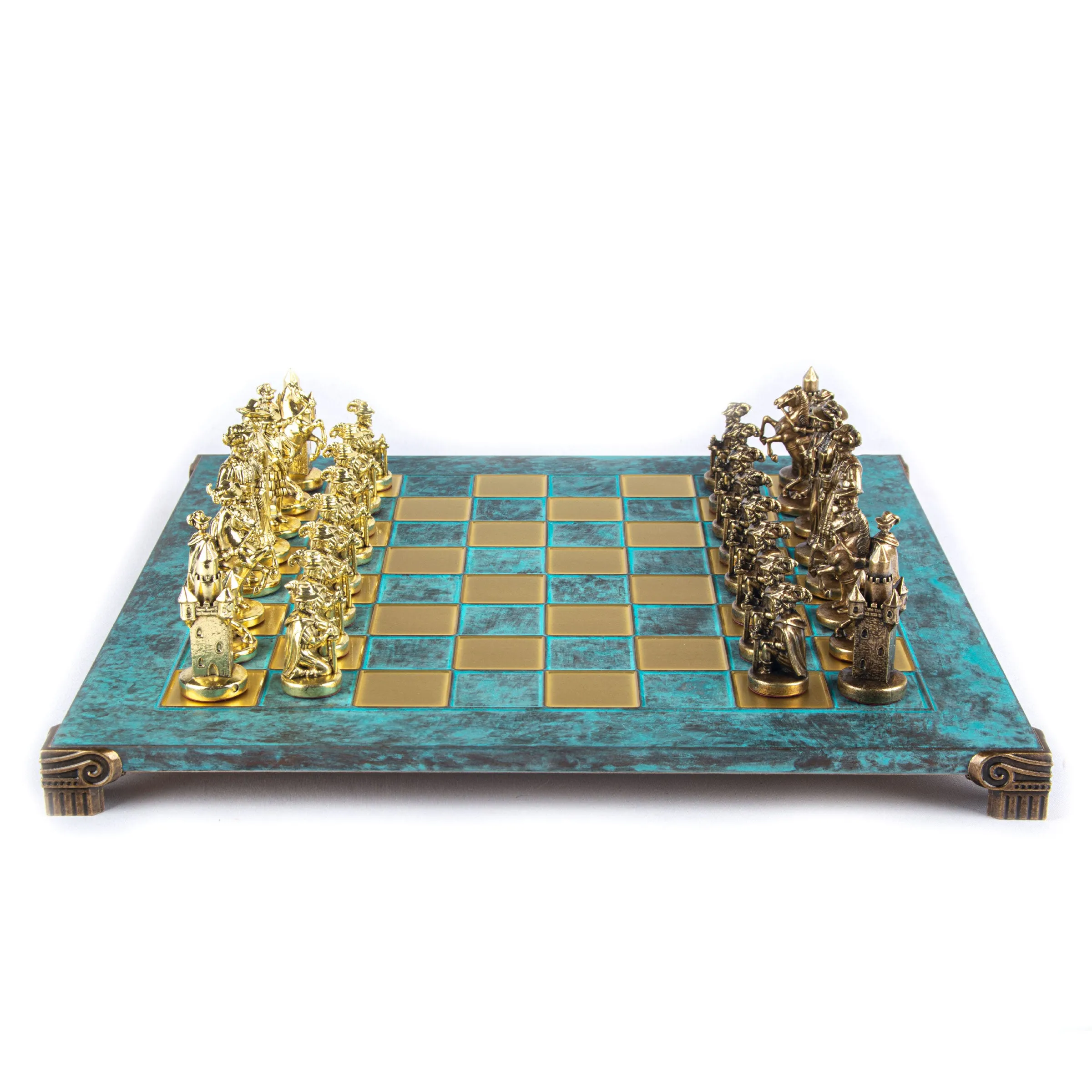 Handcrafted Medieval Knights Chess Set - Brown/Gold Chessmen with Bronze Chessboard (Large)