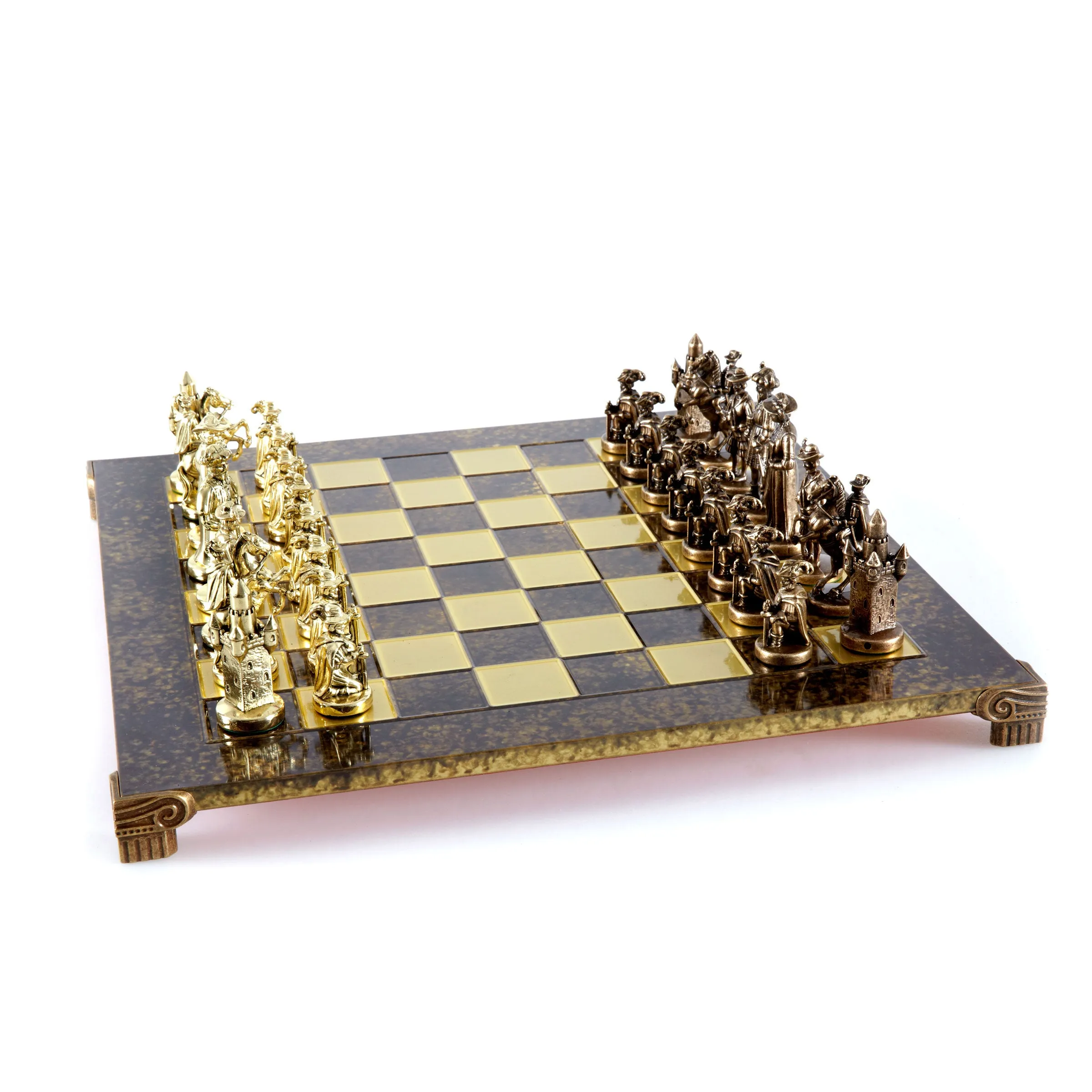 Handcrafted Medieval Knights Chess Set - Brown/Gold Chessmen with Bronze Chessboard (Large)