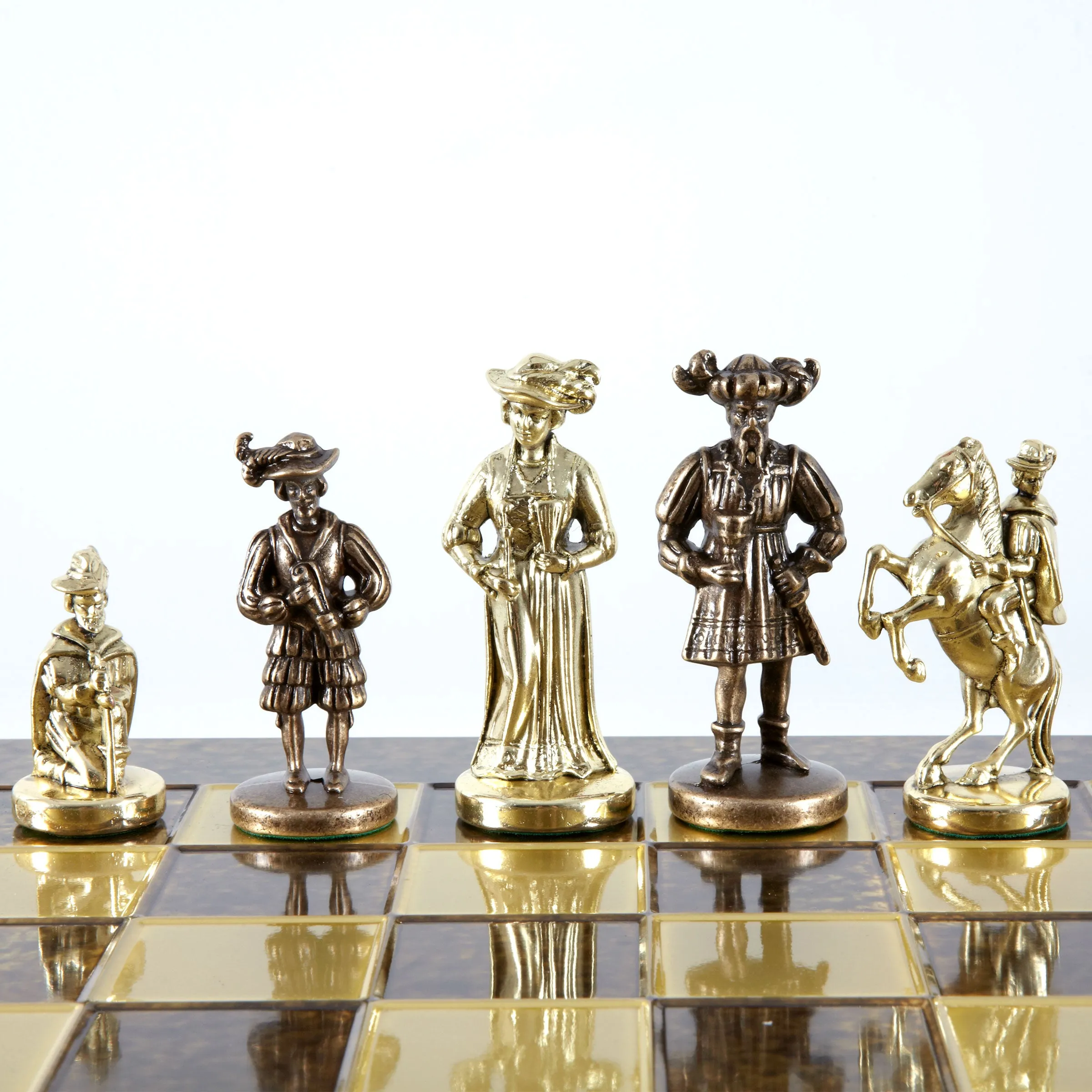Handcrafted Medieval Knights Chess Set - Brown/Gold Chessmen with Bronze Chessboard (Large)