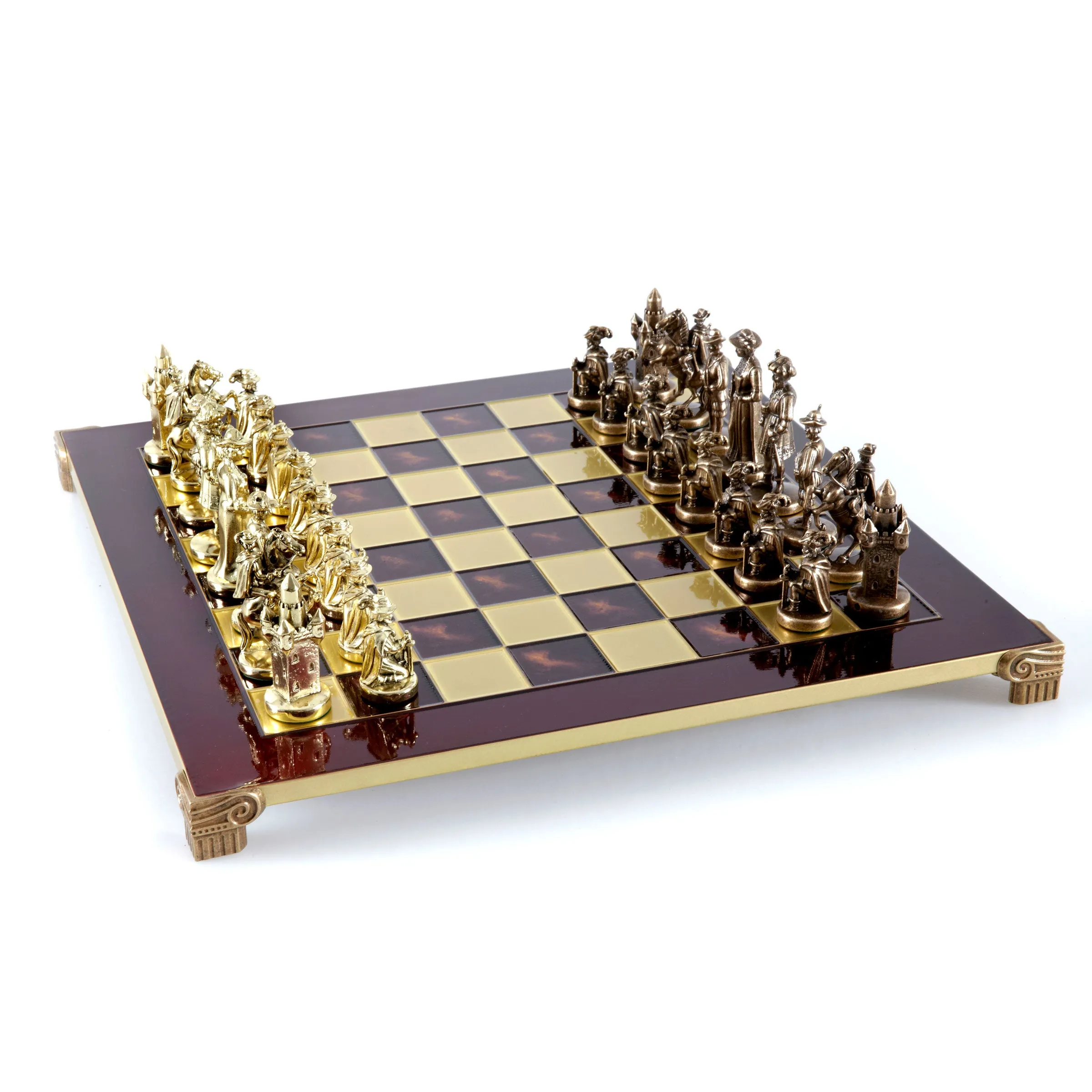 Handcrafted Medieval Knights Chess Set - Brown/Gold Chessmen with Bronze Chessboard (Large)