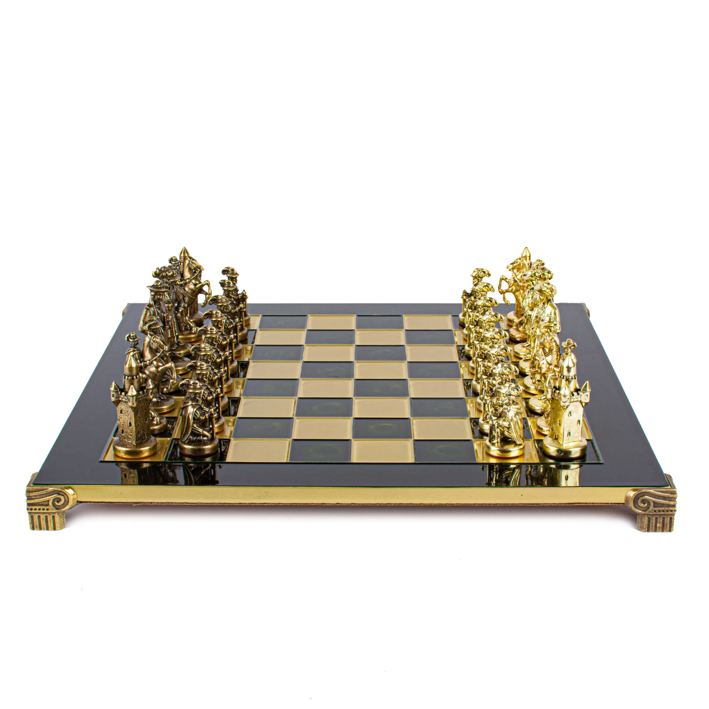 Handcrafted Medieval Knights Chess Set - Brown/Gold Chessmen with Bronze Chessboard (Large)
