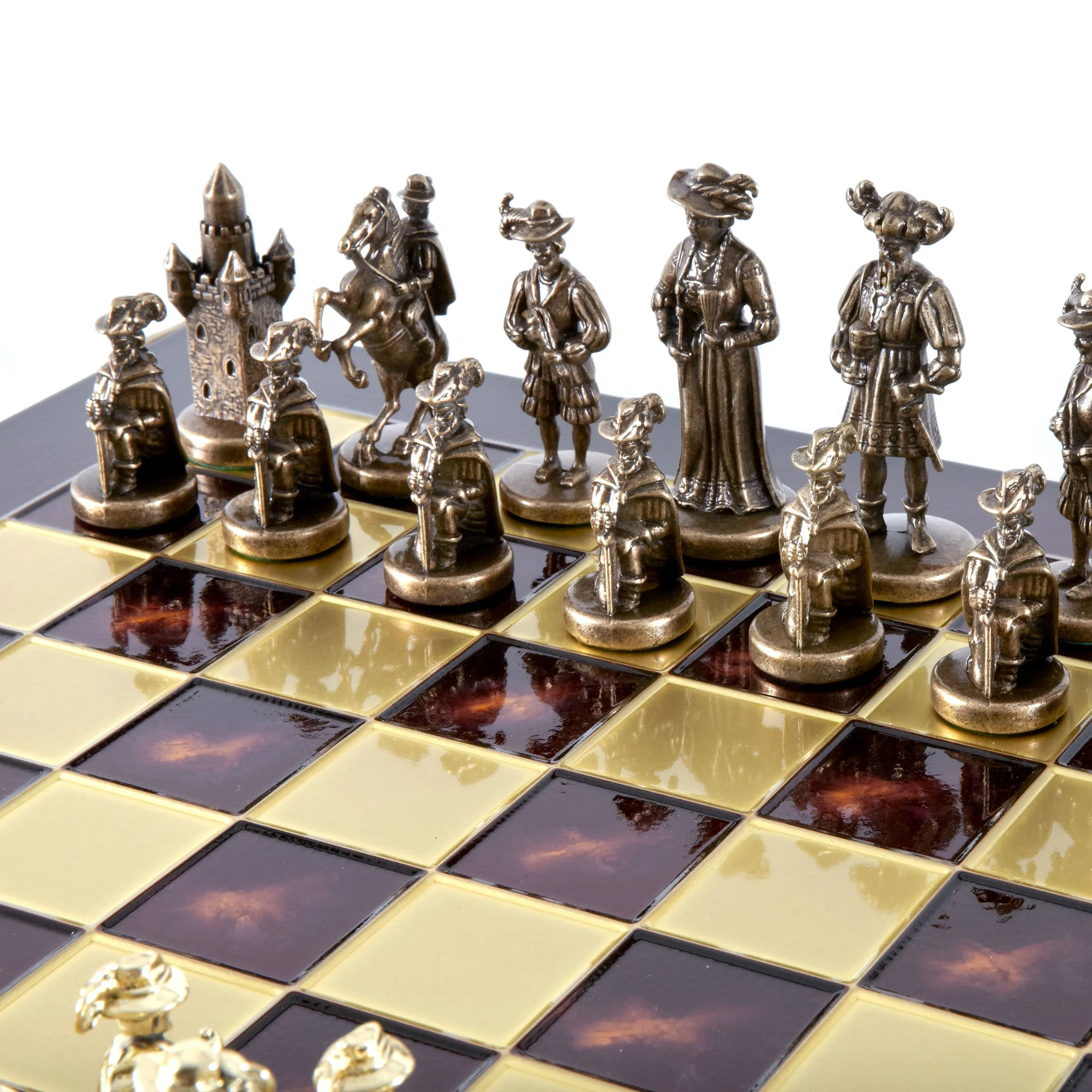 Handcrafted Medieval Knights Chess Set - Brown/Gold Chessmen with Bronze Chessboard (Large)