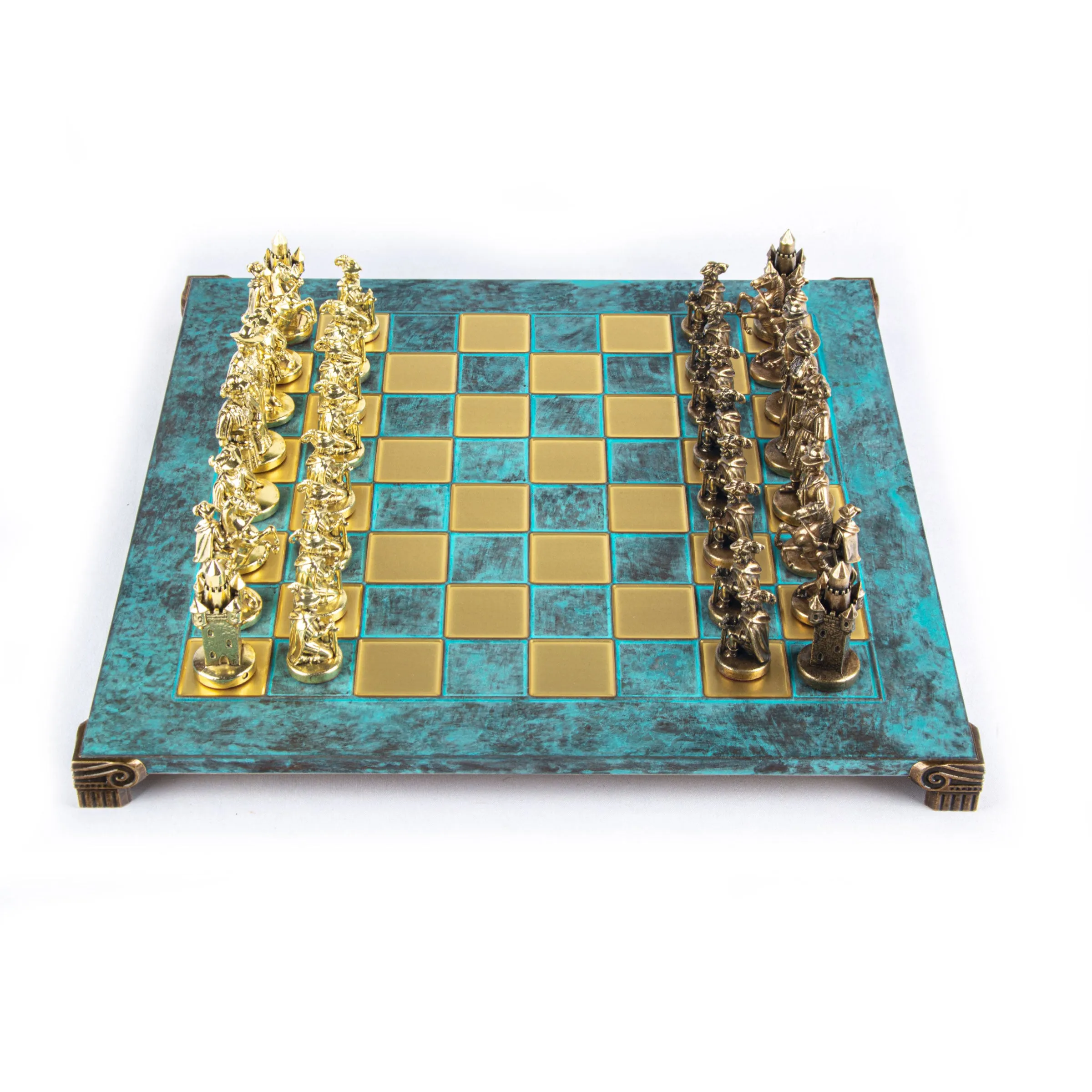 Handcrafted Medieval Knights Chess Set - Brown/Gold Chessmen with Bronze Chessboard (Large)