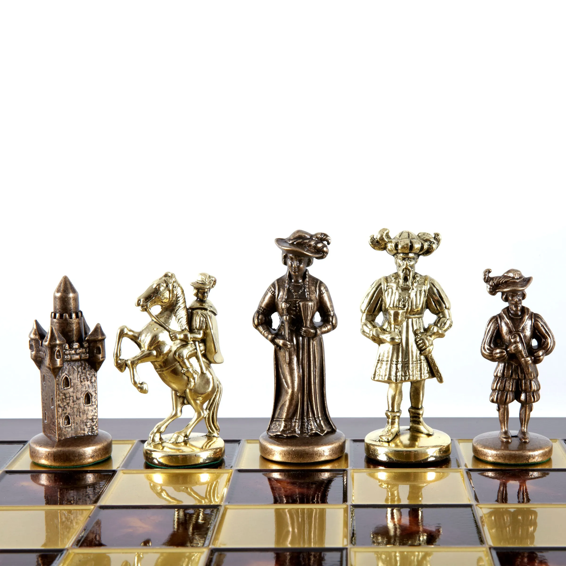 Handcrafted Medieval Knights Chess Set - Brown/Gold Chessmen with Bronze Chessboard (Large)