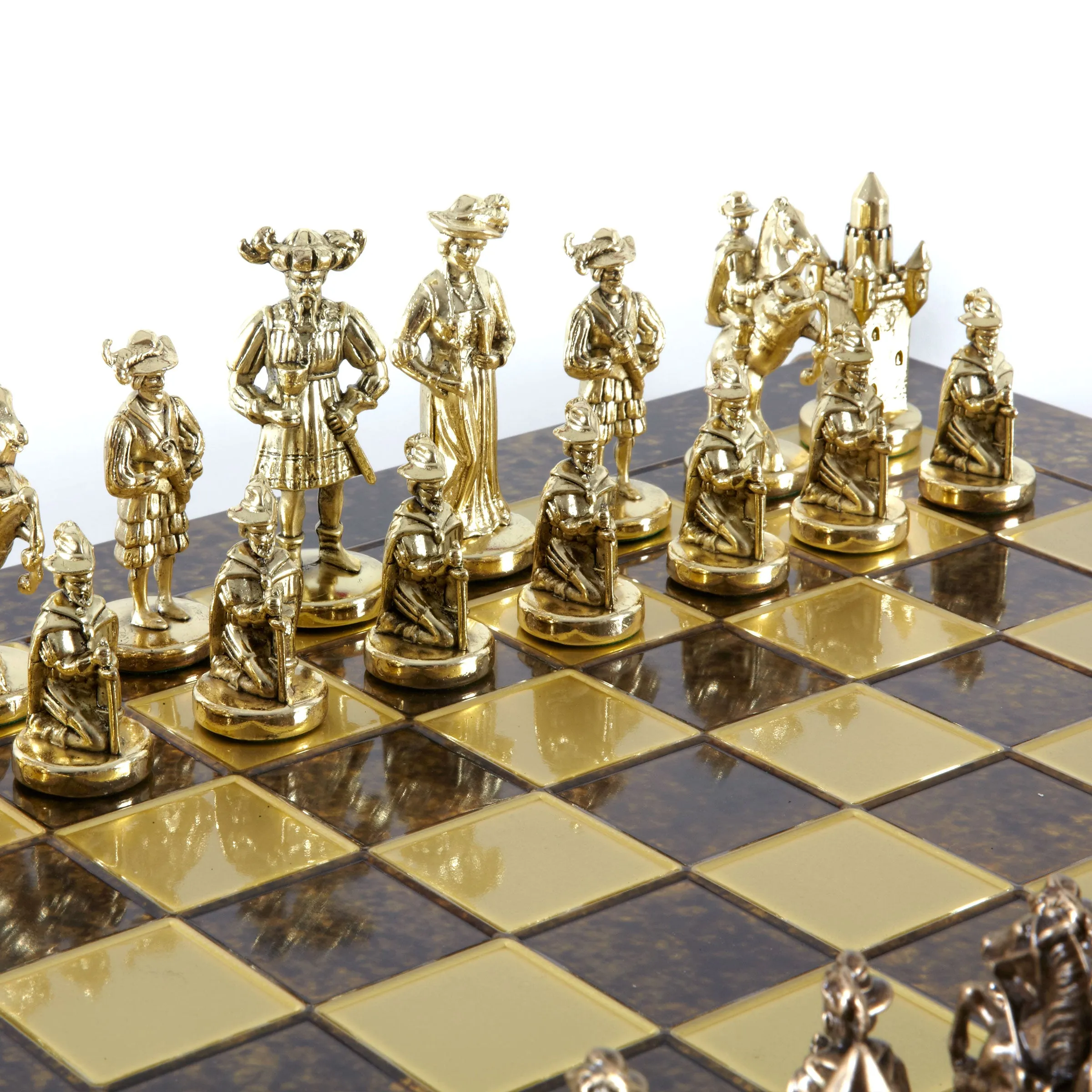Handcrafted Medieval Knights Chess Set - Brown/Gold Chessmen with Bronze Chessboard (Large)