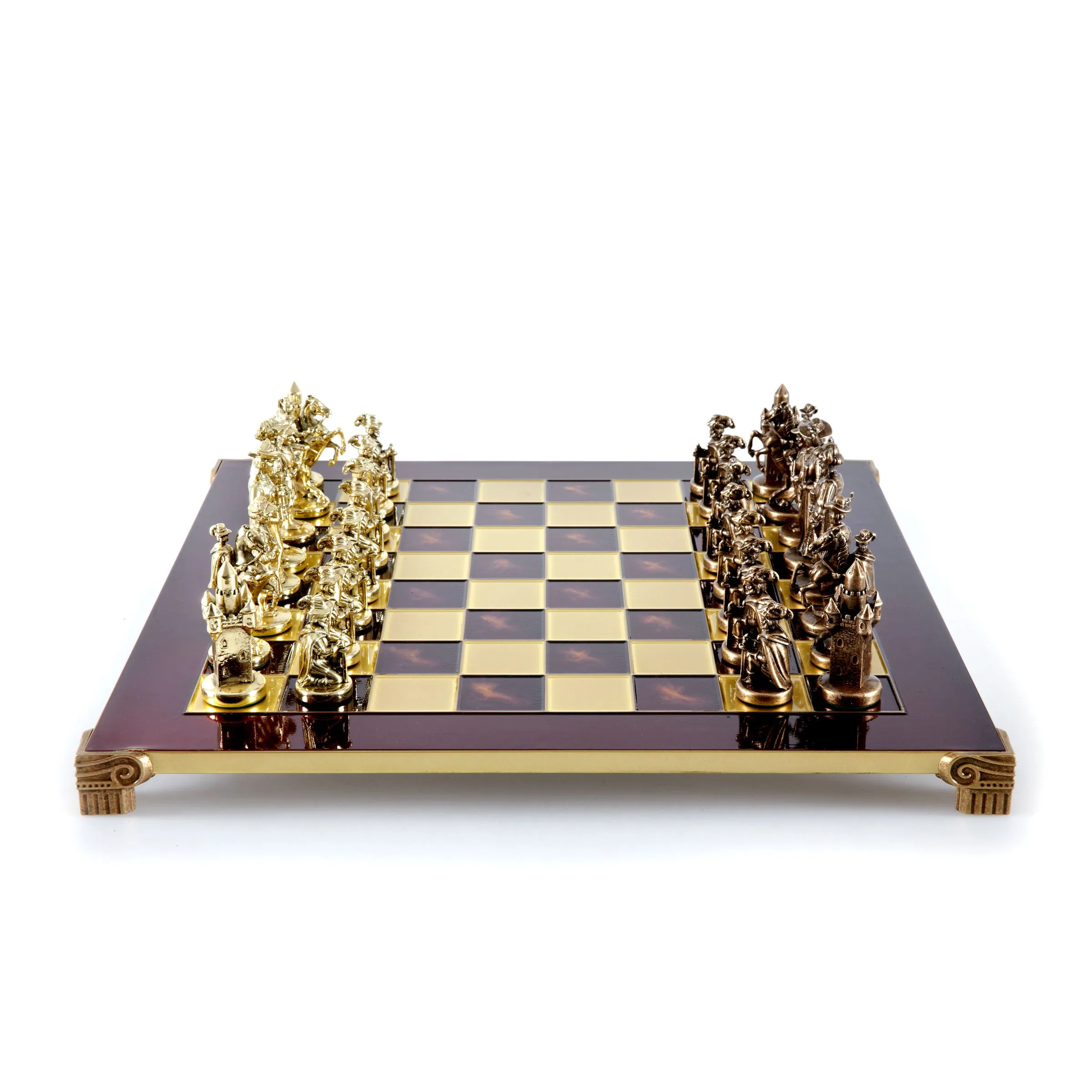 Handcrafted Medieval Knights Chess Set - Brown/Gold Chessmen with Bronze Chessboard (Large)