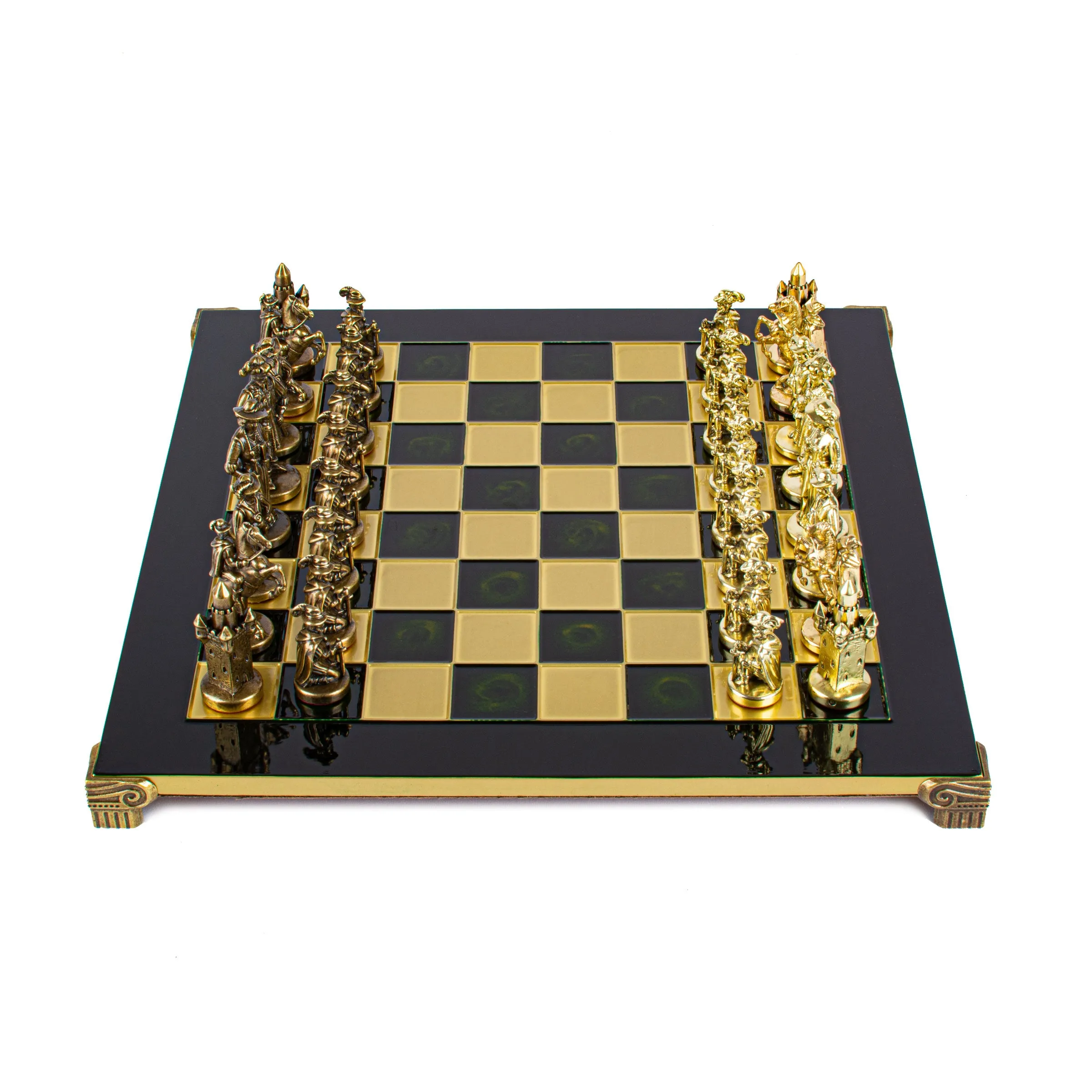 Handcrafted Medieval Knights Chess Set - Brown/Gold Chessmen with Bronze Chessboard (Large)