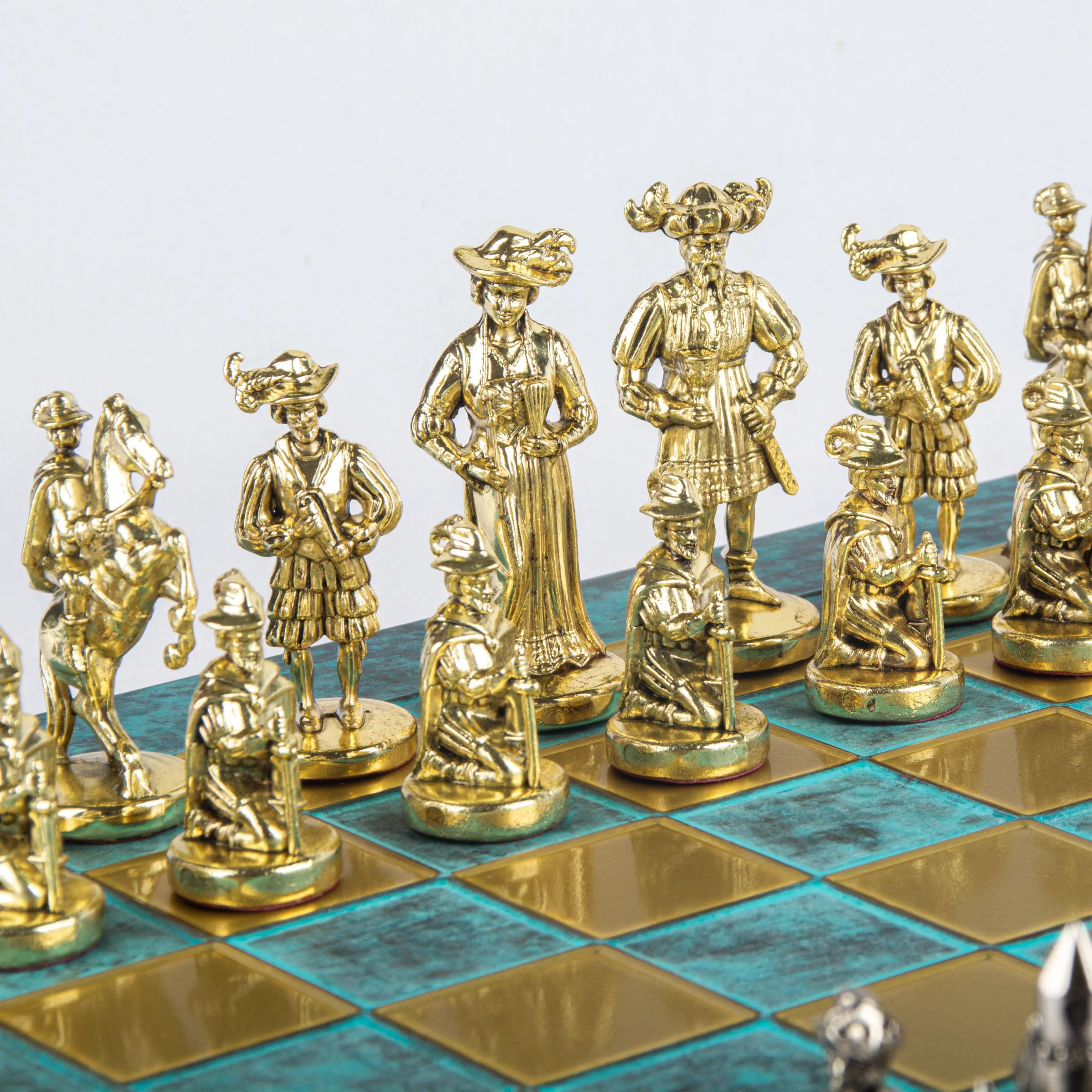 Handcrafted Medieval Knights Chess Set - Gold/Silver Chessmen and Bronze Chessboard  (Large)