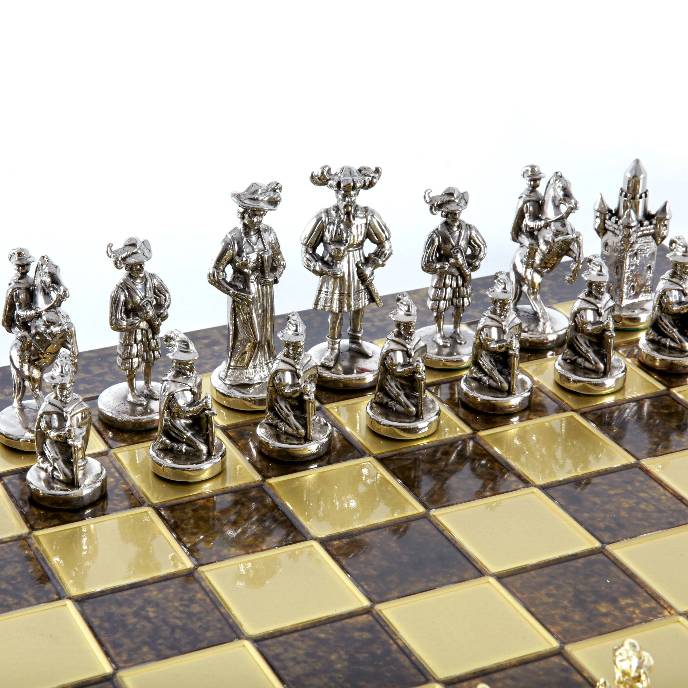 Handcrafted Medieval Knights Chess Set - Gold/Silver Chessmen and Bronze Chessboard  (Large)