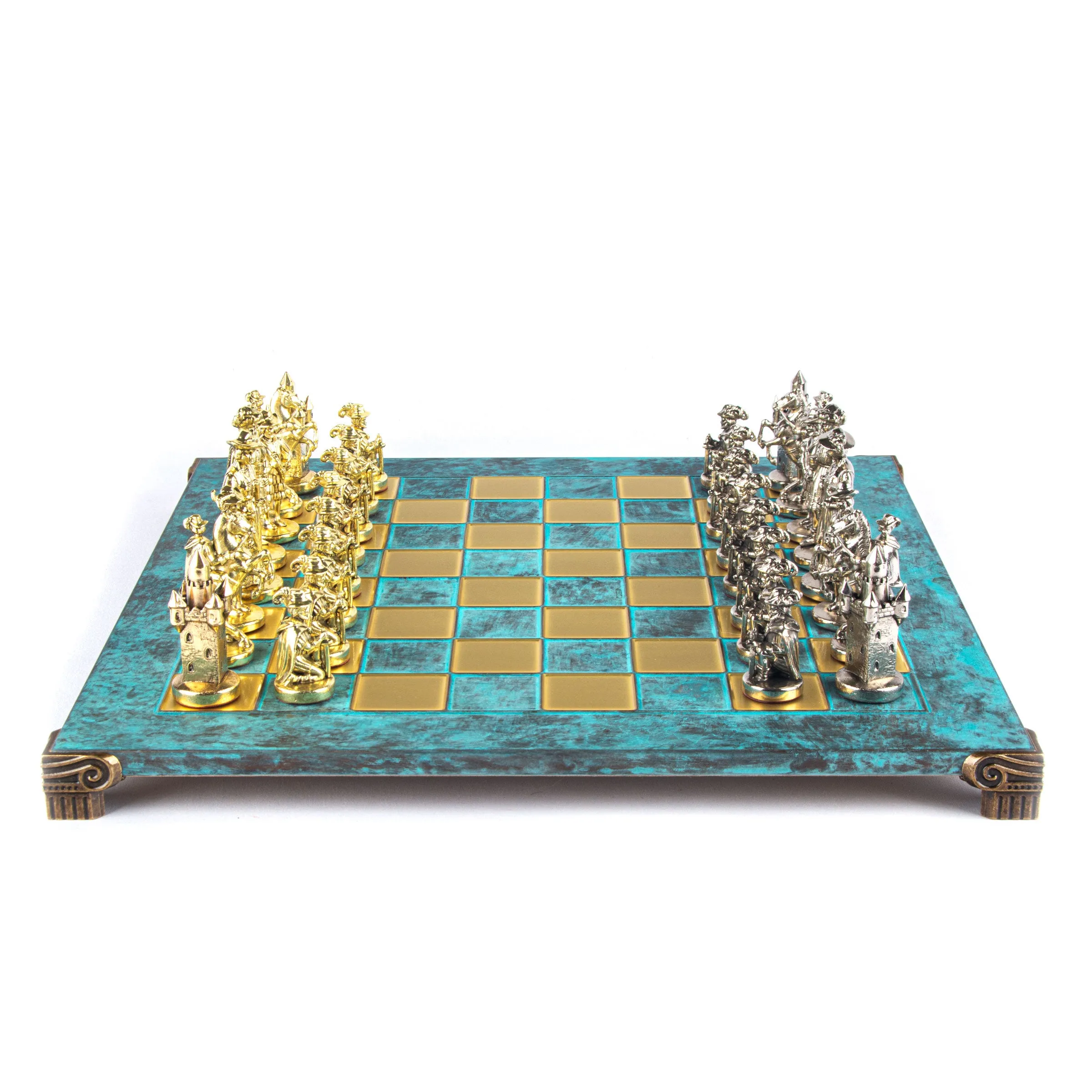 Handcrafted Medieval Knights Chess Set - Gold/Silver Chessmen and Bronze Chessboard  (Large)