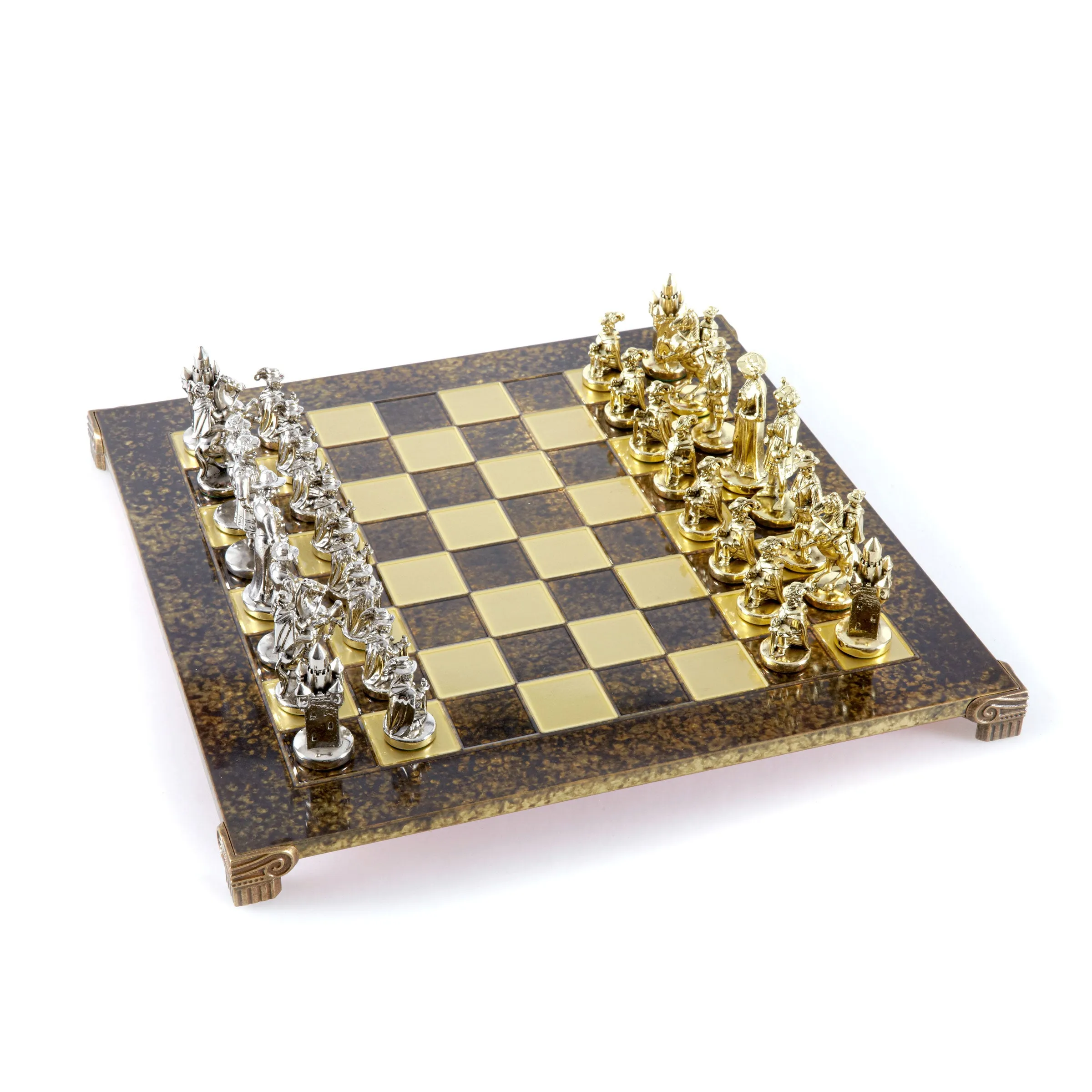 Handcrafted Medieval Knights Chess Set - Gold/Silver Chessmen and Bronze Chessboard  (Large)