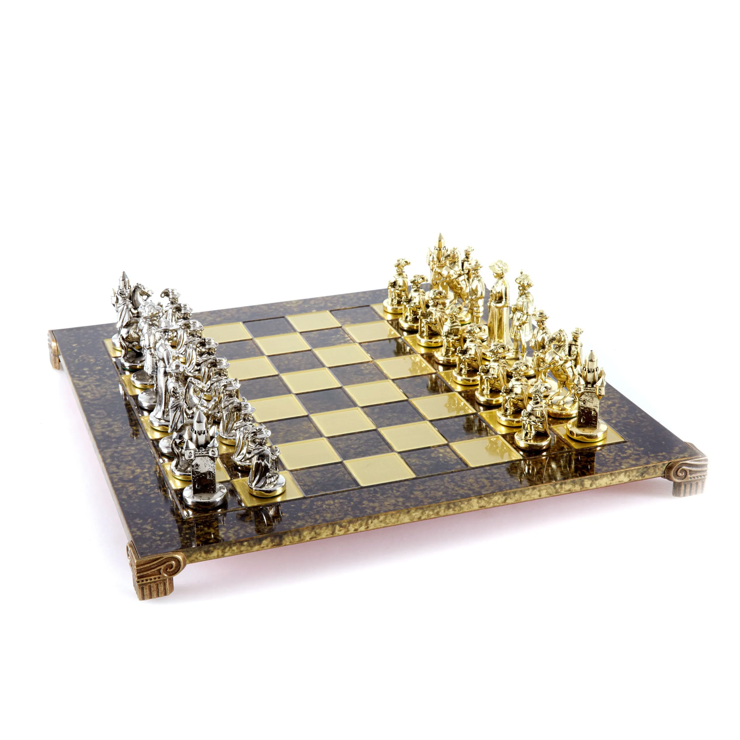 Handcrafted Medieval Knights Chess Set - Gold/Silver Chessmen and Bronze Chessboard  (Large)