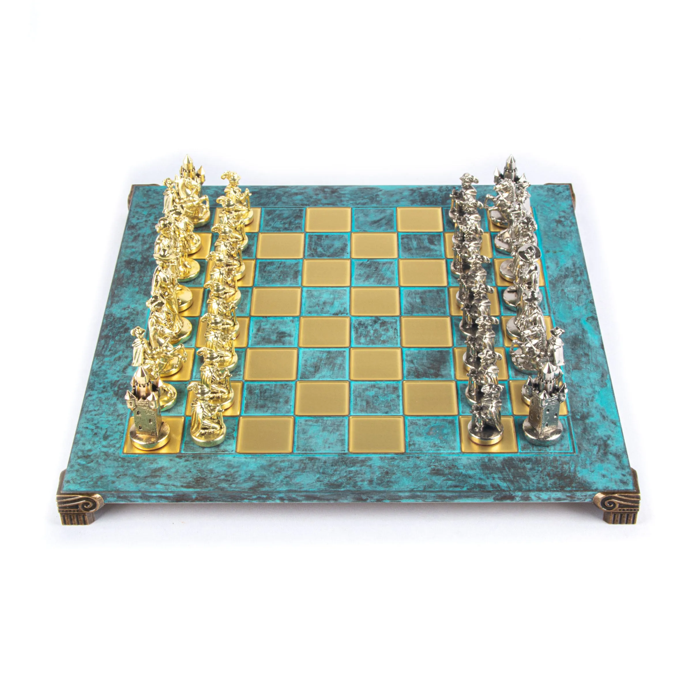 Handcrafted Medieval Knights Chess Set - Gold/Silver Chessmen and Bronze Chessboard  (Large)