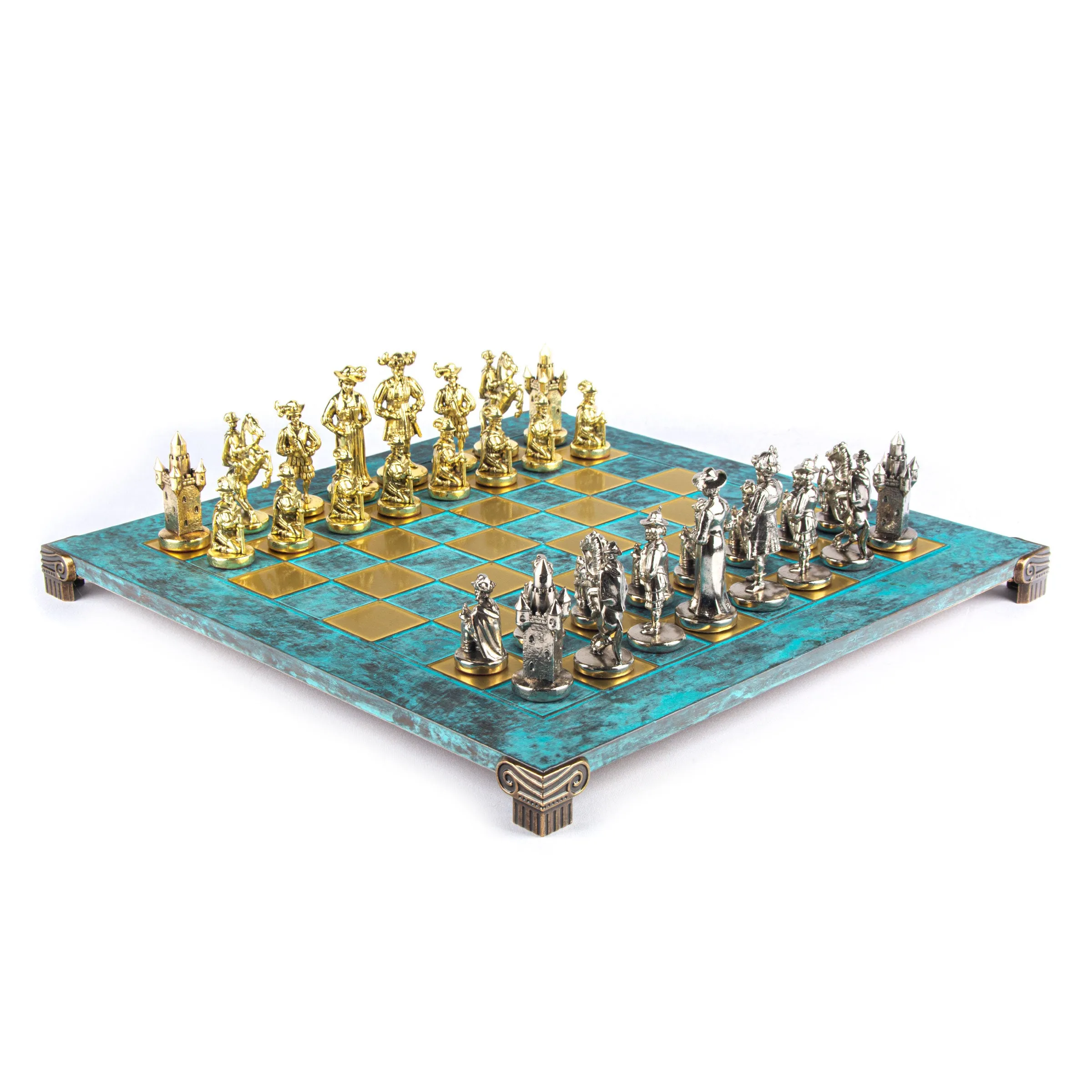 Handcrafted Medieval Knights Chess Set - Gold/Silver Chessmen and Bronze Chessboard  (Large)