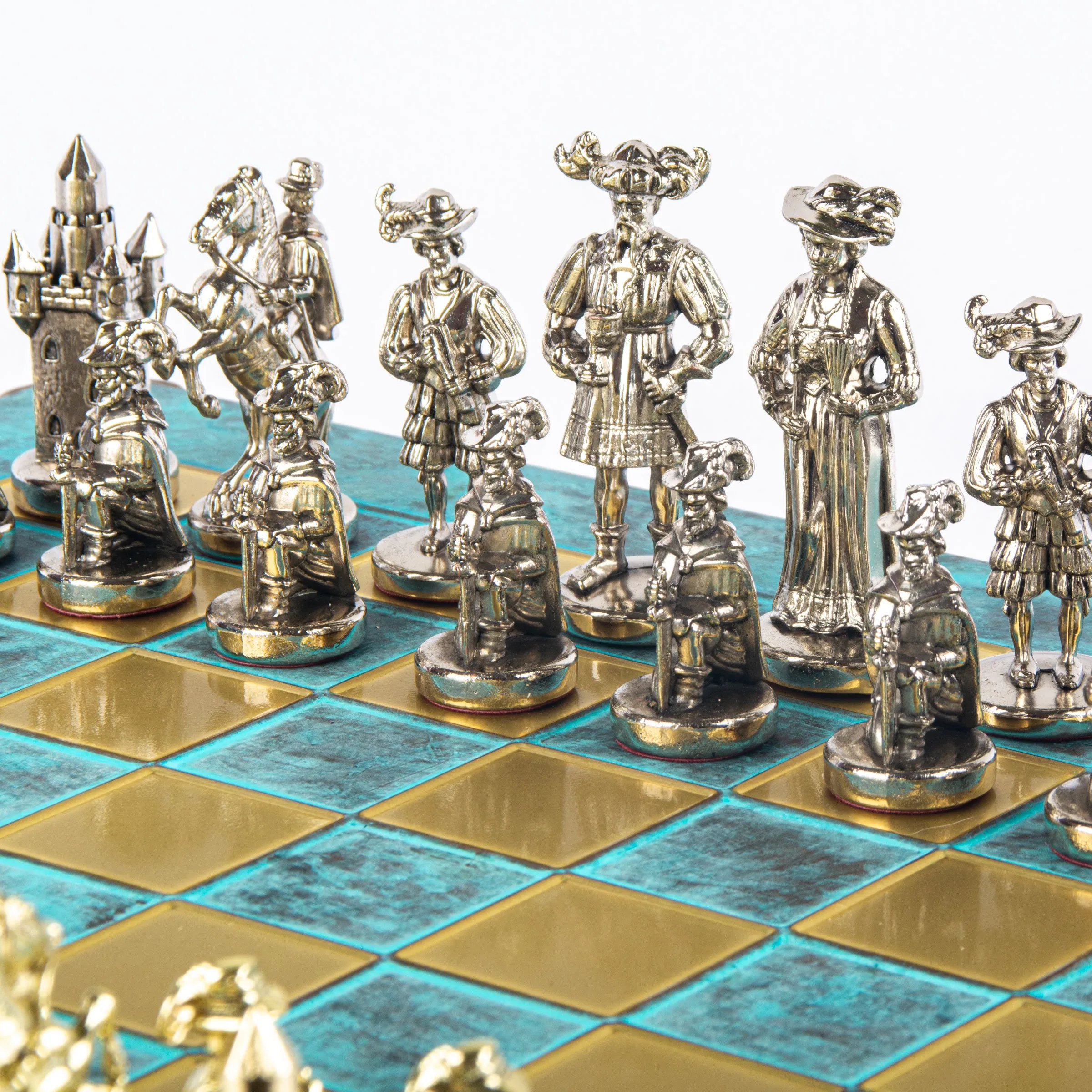 Handcrafted Medieval Knights Chess Set - Gold/Silver Chessmen and Bronze Chessboard  (Large)