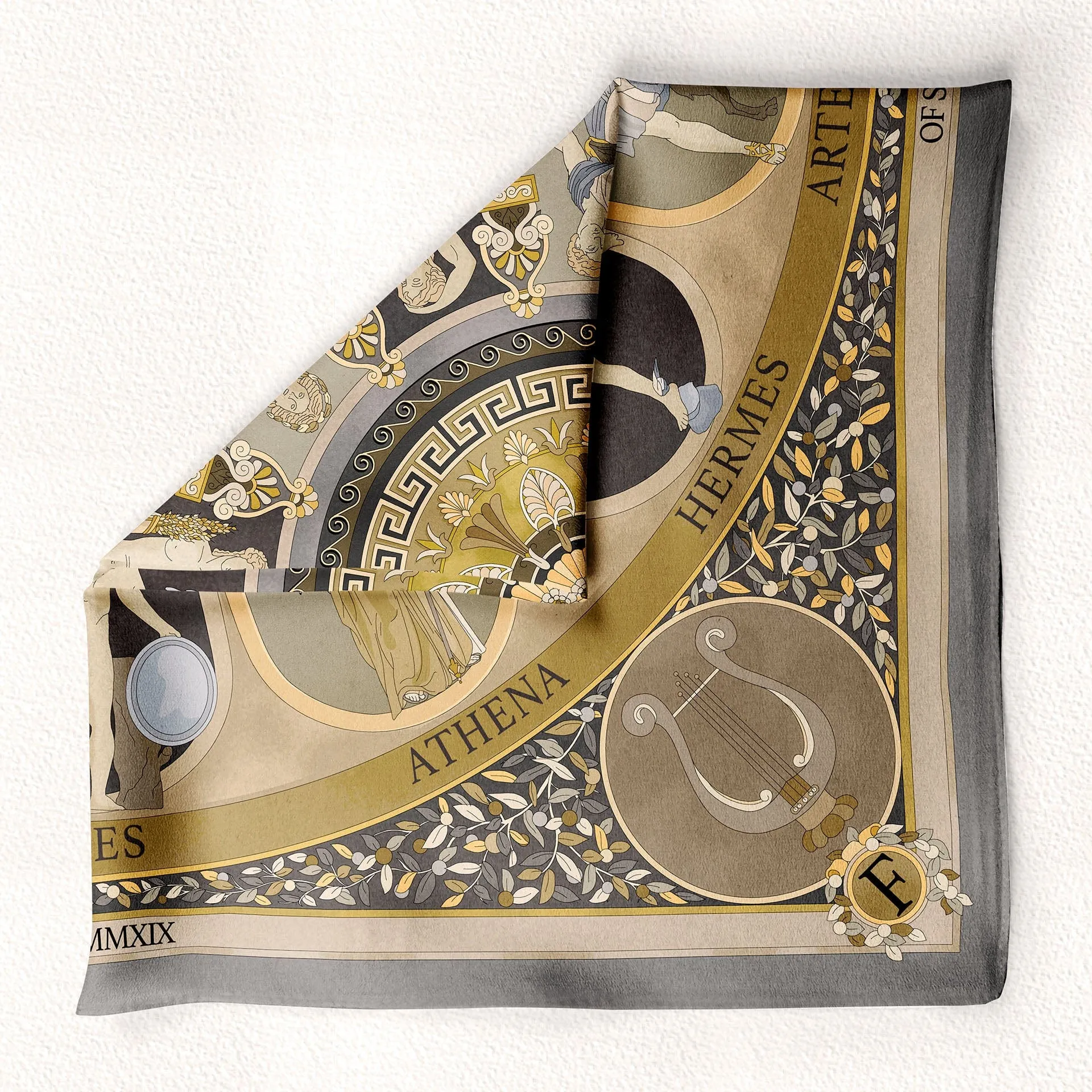 The Olympian Gods Grey and Beige 100% Silk Scarf