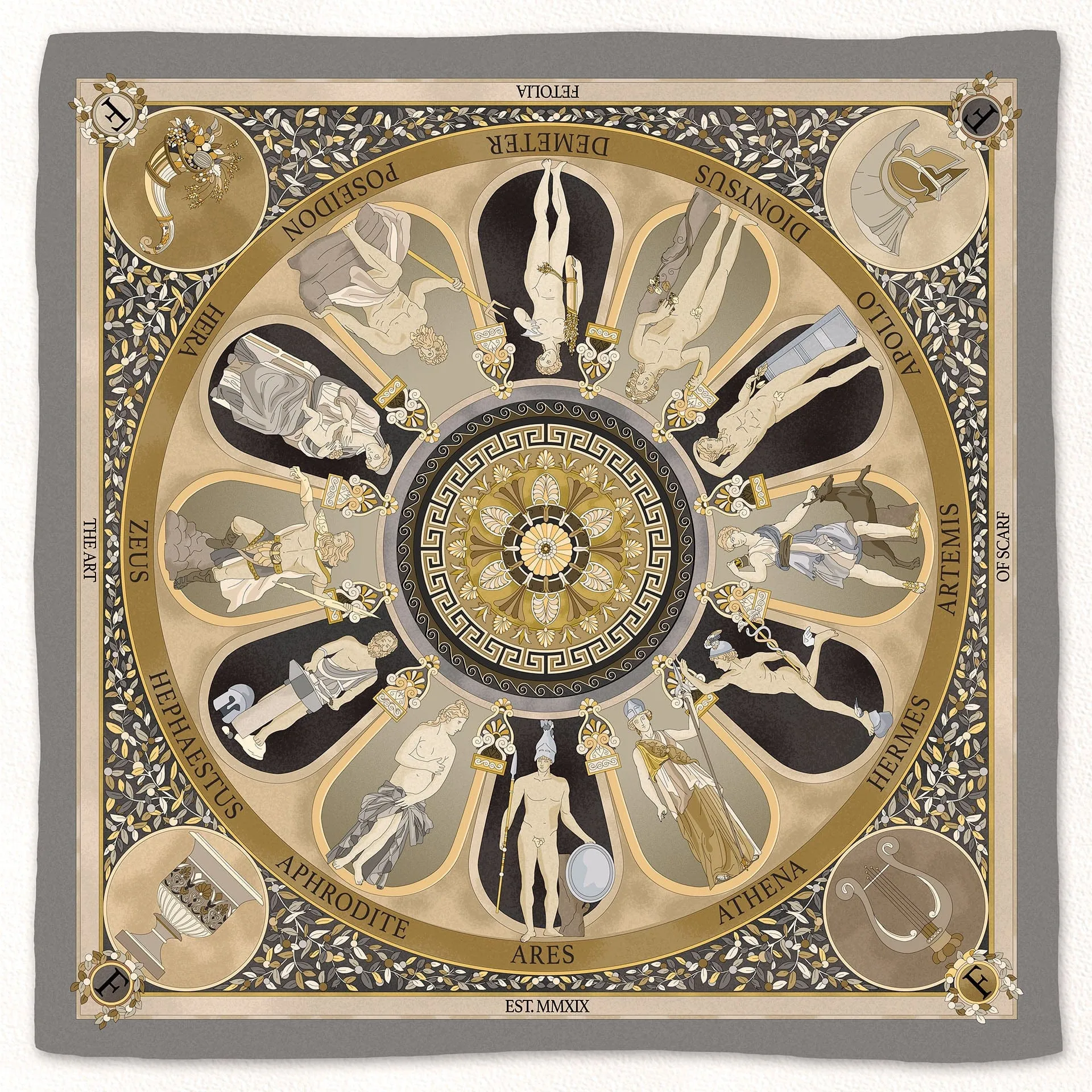 The Olympian Gods Grey and Beige 100% Silk Scarf