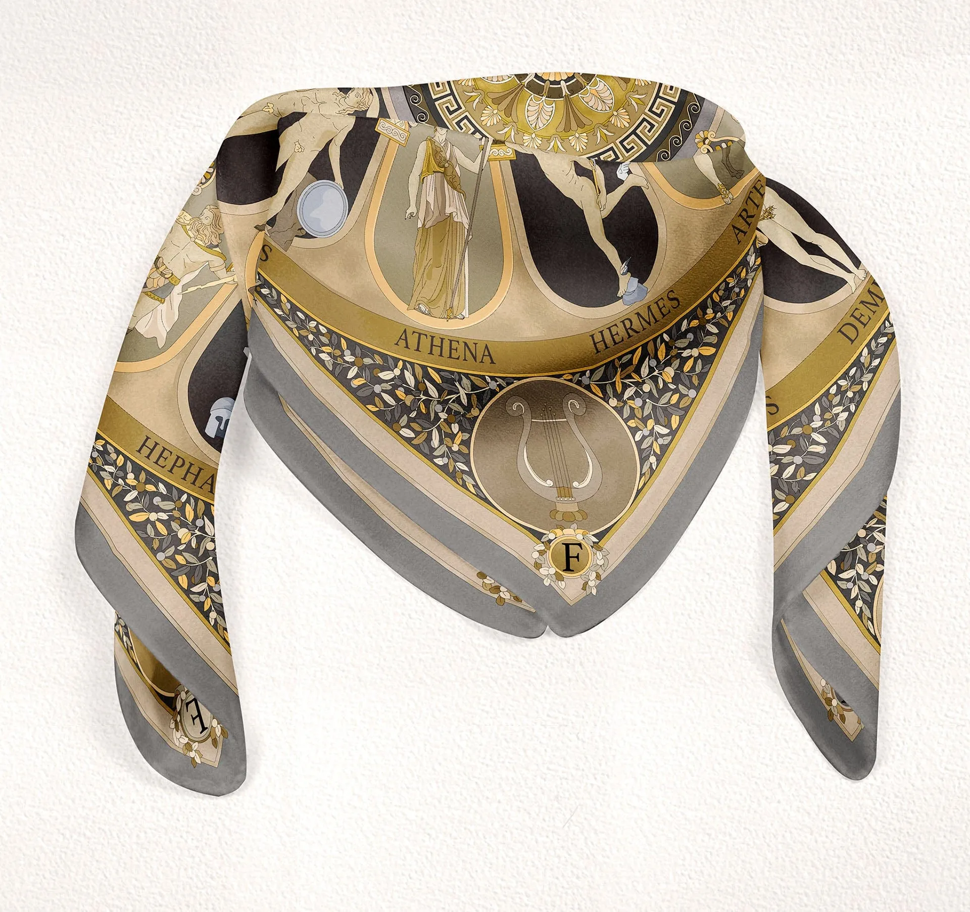 The Olympian Gods Grey and Beige 100% Silk Scarf