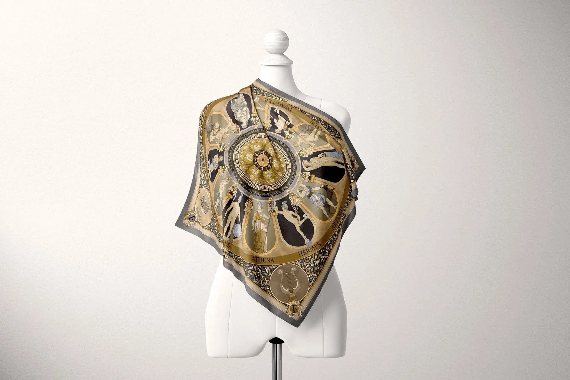 The Olympian Gods Grey and Beige 100% Silk Scarf