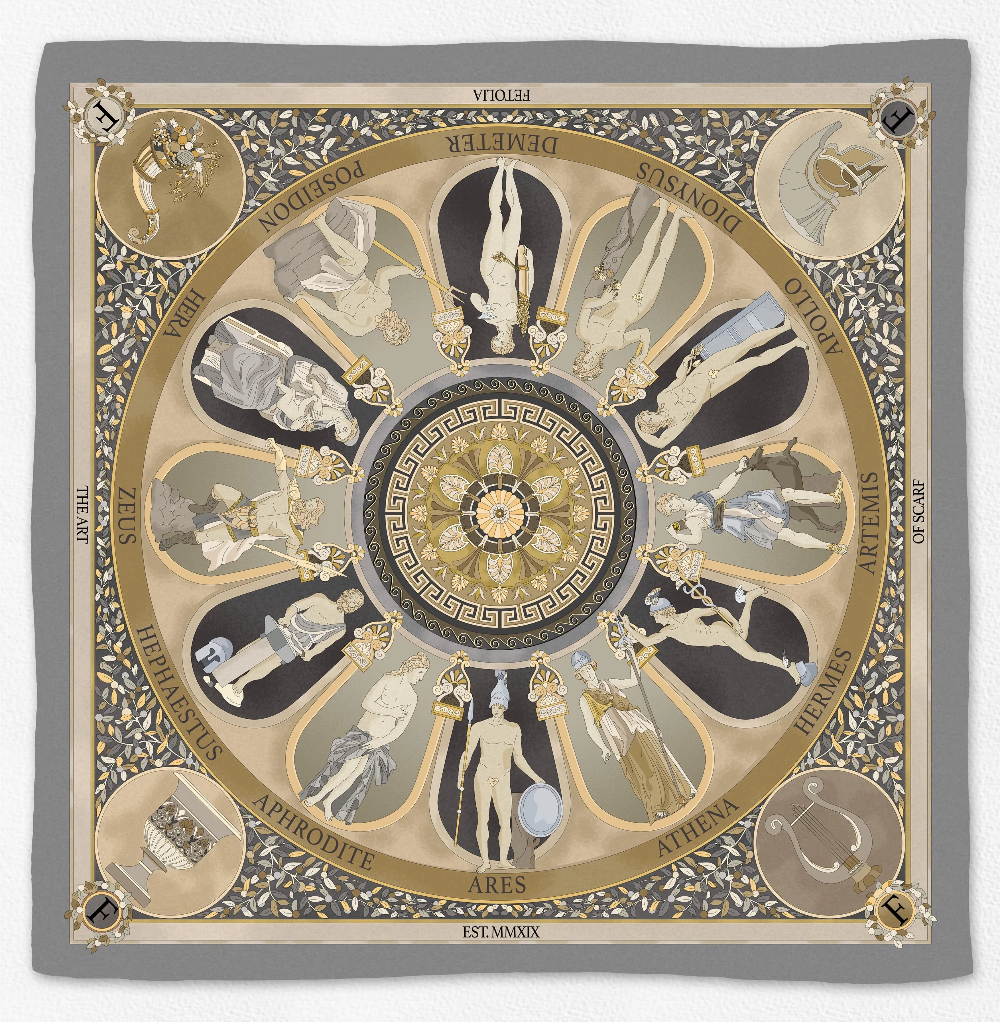 The Olympian Gods Grey and Beige 100% Silk Scarf