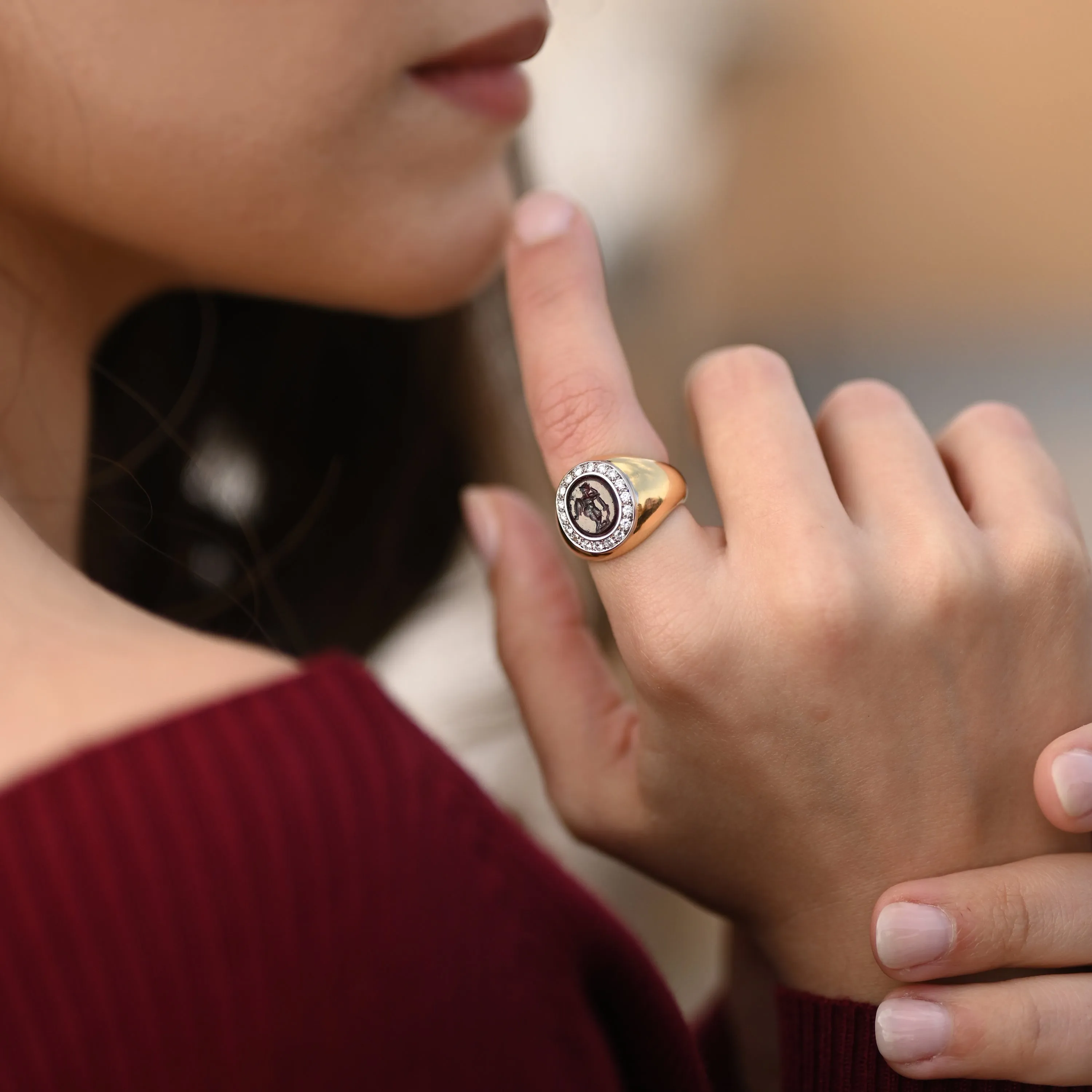 WINGED CUPID WITH A TORCH Authentic Ancient Roman Garnet Intaglio 1st-2nd Cent. AD 18 Kt gold ring 0.70 Cts Diamonds