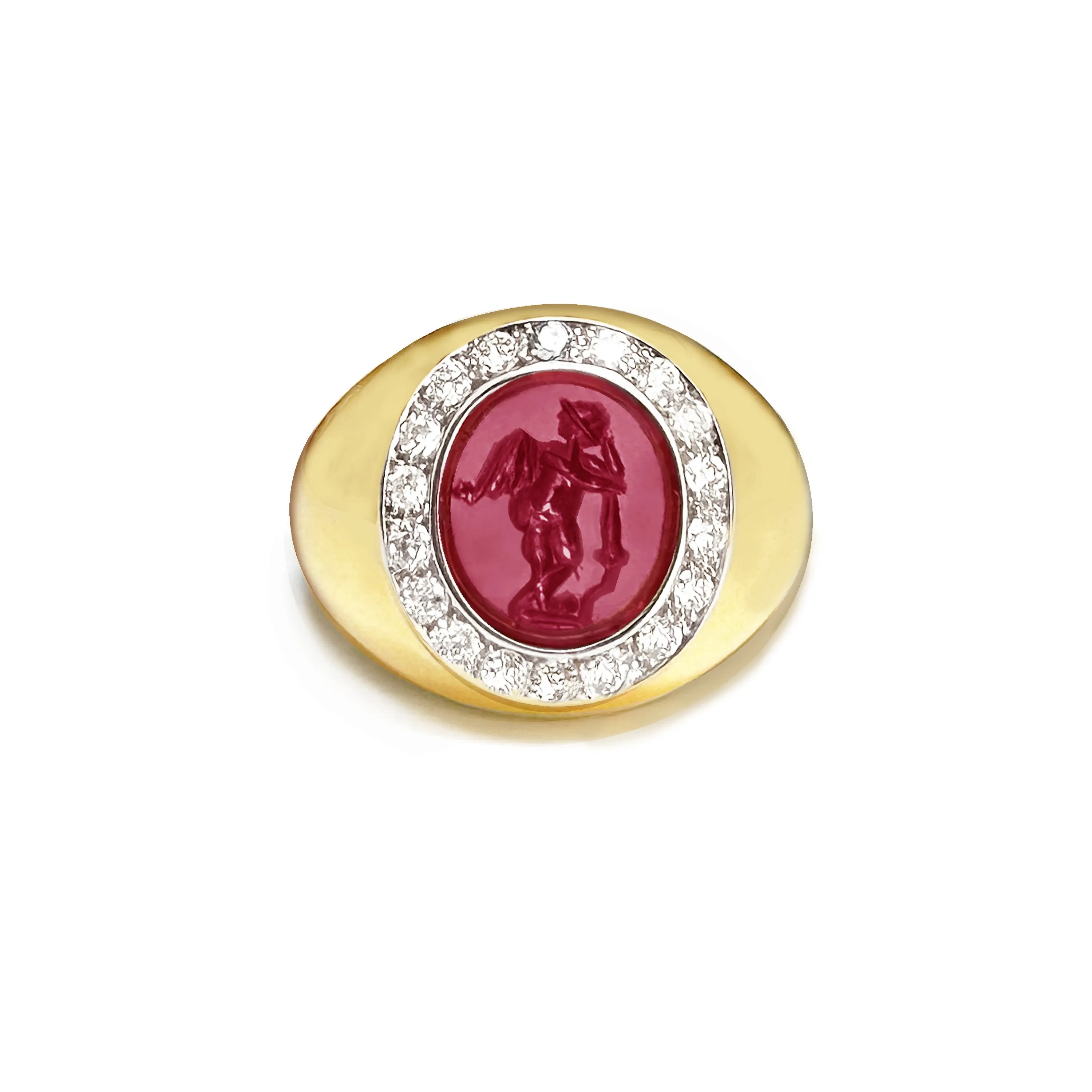 WINGED CUPID WITH A TORCH Authentic Ancient Roman Garnet Intaglio 1st-2nd Cent. AD 18 Kt gold ring 0.70 Cts Diamonds