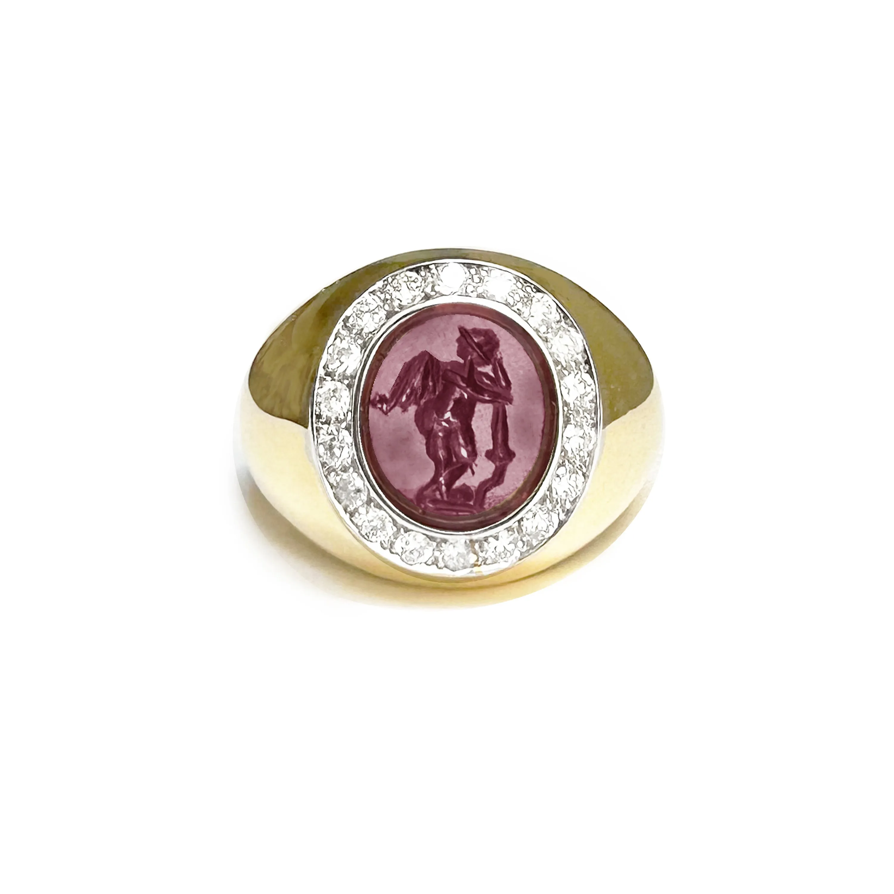 WINGED CUPID WITH A TORCH Authentic Ancient Roman Garnet Intaglio 1st-2nd Cent. AD 18 Kt gold ring 0.70 Cts Diamonds